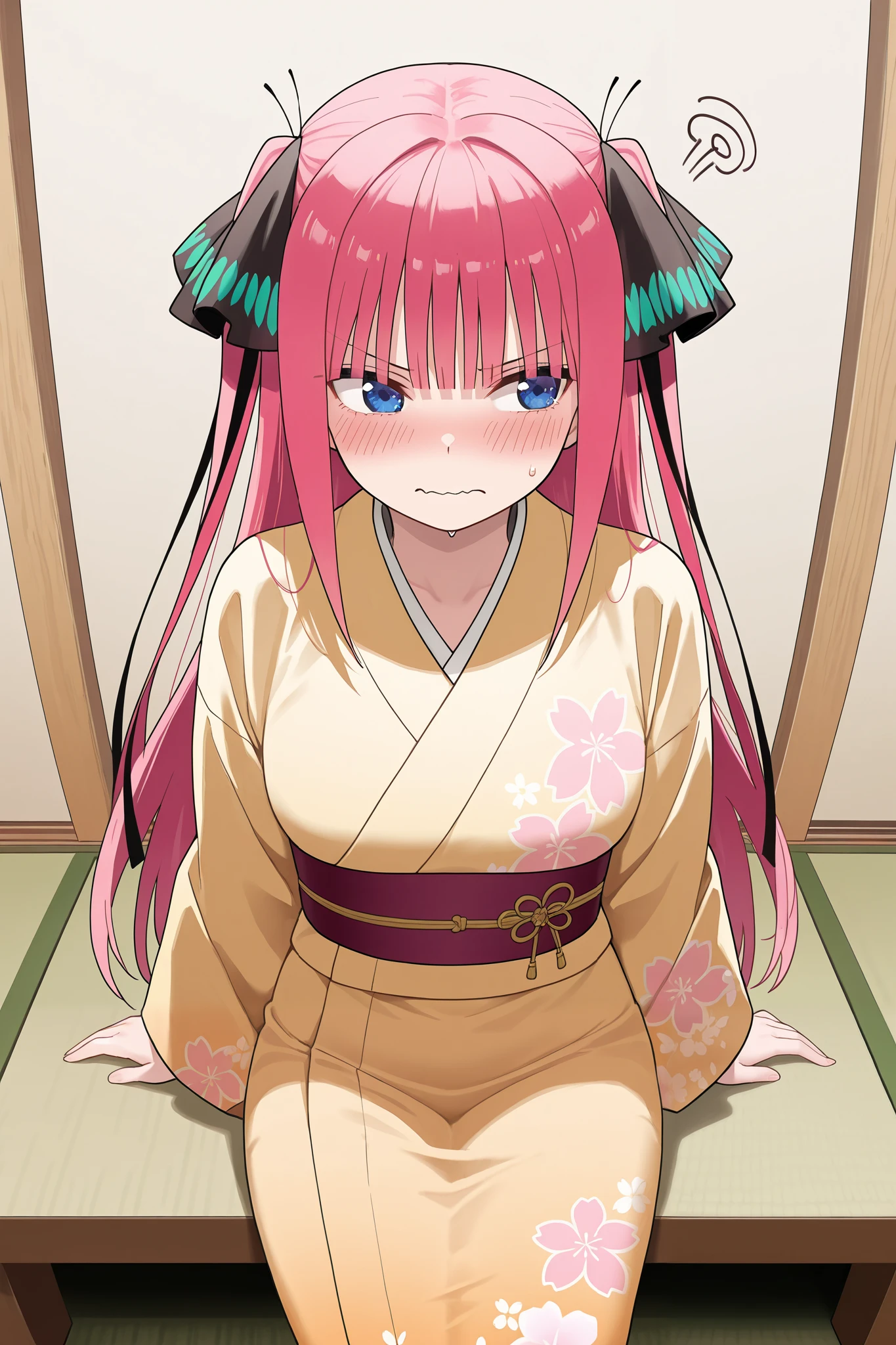 NSFW,masterpiece, top quality, high definition, very detailed, Nino Nakano、 long hair、bangs、 blue eyes、 hair ornament、 hair bow、 pink hair、鈍いbangs、 two side up、蝶の hair ornament, kimono,Small yukata,hostel,Japanese-style room,tatami,Embarrassed,blush, lustful face,Frustrated face, love juice is dripping, uncovered clothes