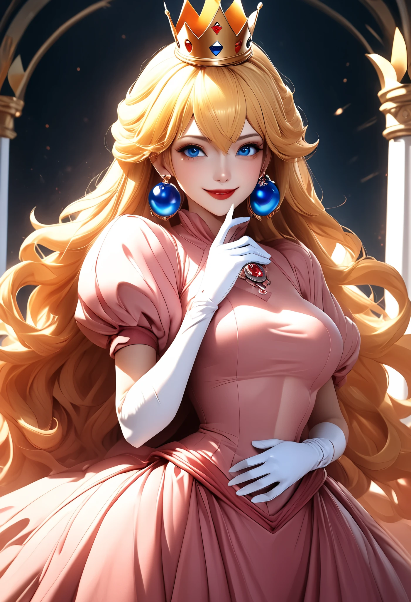 8k,masterpiece, CGSTATION, hyper CGI style, arte extremadamente detallado de artgerm, photorealistic chica anime render, A 4k anime drawing style, best quality, 3D rendering, INTRICATE, Cute Girl, hyper detailed, medium bust, 27 years old, a woman, navel, sensual smile, red lips, super detailed skin, super beautiful eyes, PRINCESS PEACH, ppeach, ppeach, (long_hair, blue_eyes, blonde_hair, hair_between_eyes), (gloves, (long pink_dress:1.2), jewelry, blue_sphere_earrings, puffy_short_sleeves, white_gloves, crown),