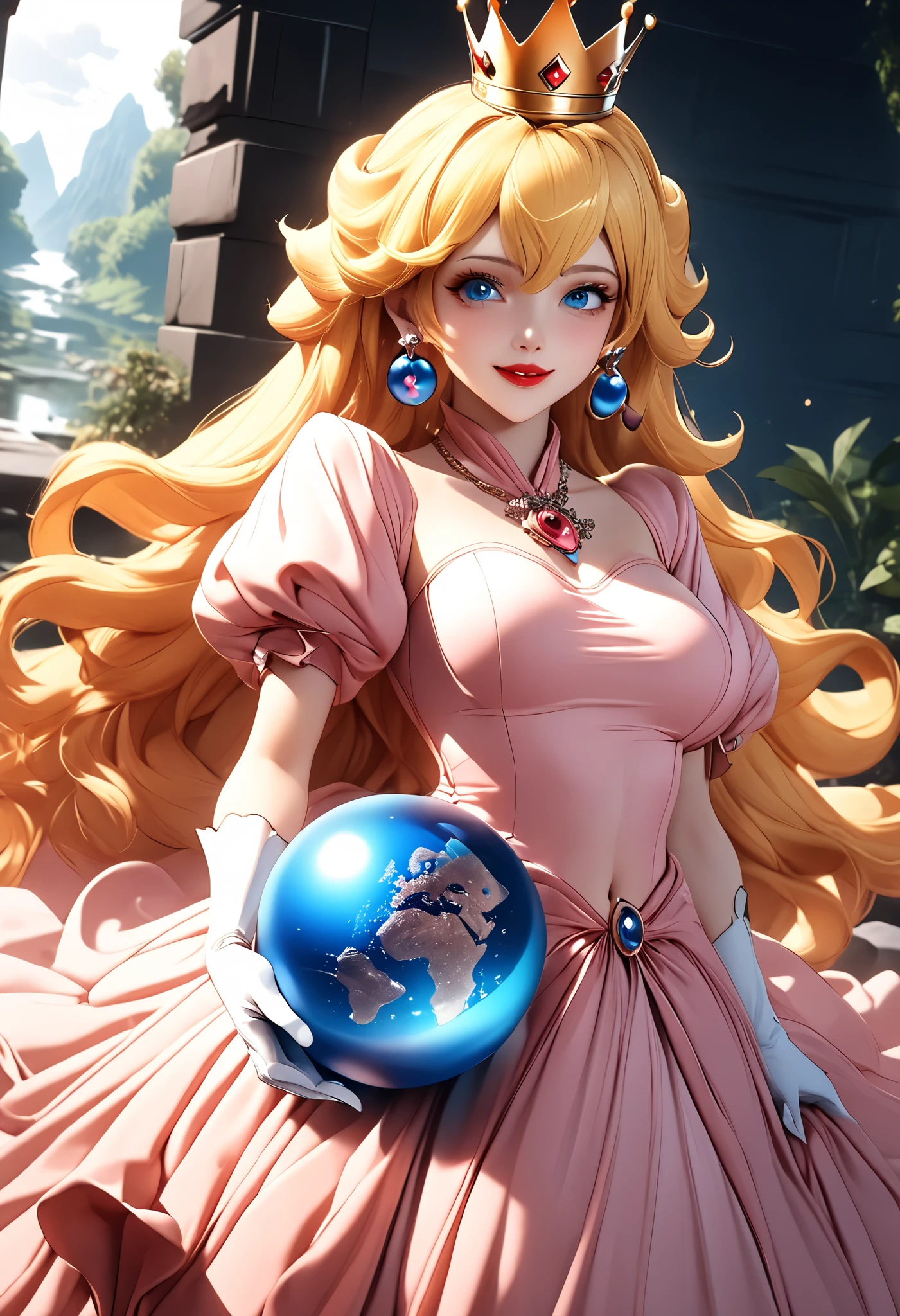 8k,masterpiece, CGSTATION, hyper CGI style, arte extremadamente detallado de artgerm, photorealistic chica anime render, A 4k anime drawing style, best quality, 3D rendering, INTRICATE, Cute Girl, hyper detailed, medium bust, 27 years old, a woman, navel, sensual smile, red lips, super detailed skin, super beautiful eyes, PRINCESS PEACH, ppeach, ppeach, (long_hair, blue_eyes, blonde_hair, hair_between_eyes), (gloves, (long pink_dress:1.2), jewelry, blue_sphere_earrings, puffy_short_sleeves, white_gloves, crown),