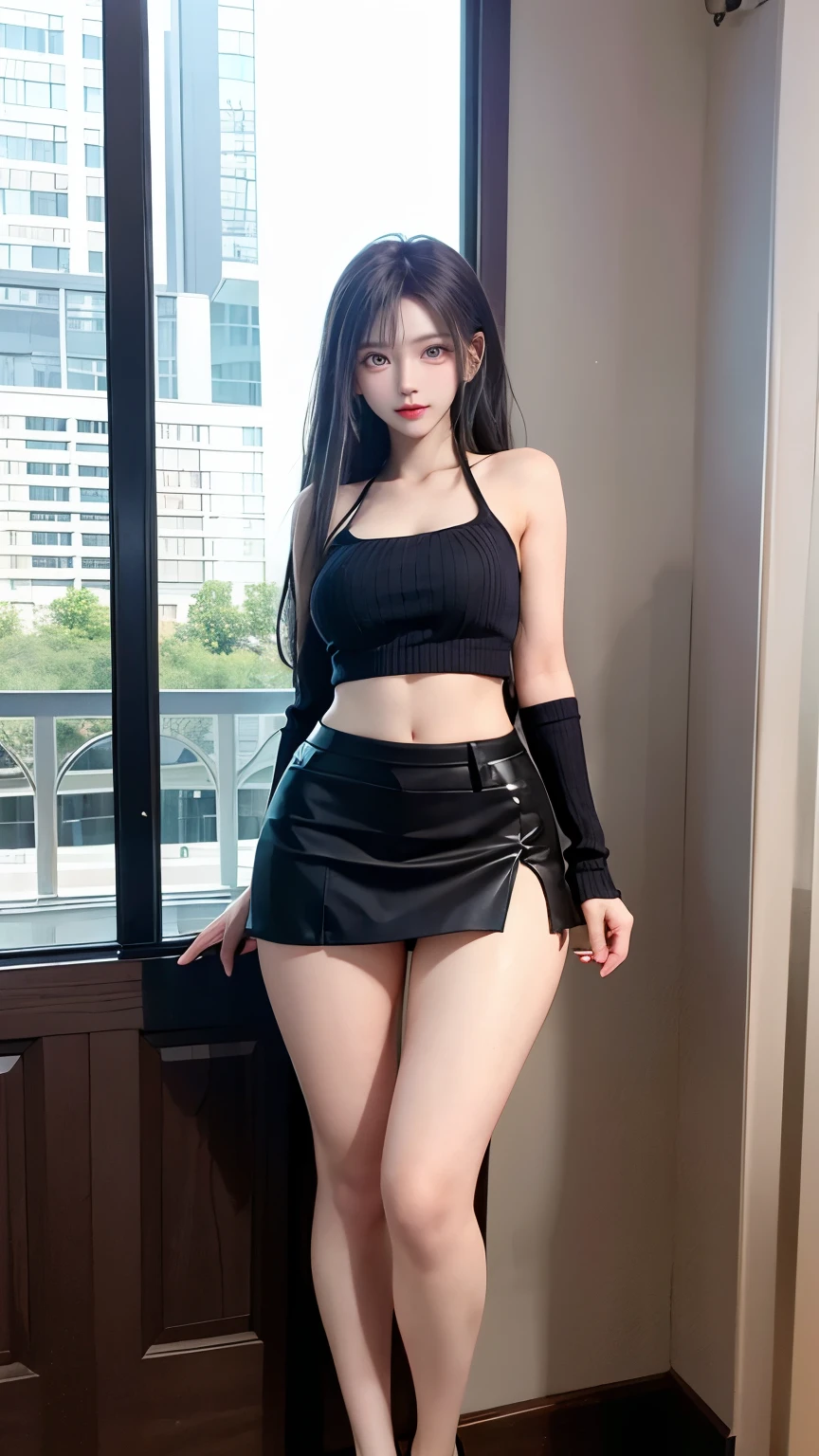 a beautiful 17yo Turki woman, spaghetti strap top, high waist short skirt , thighhighs, shy expression
