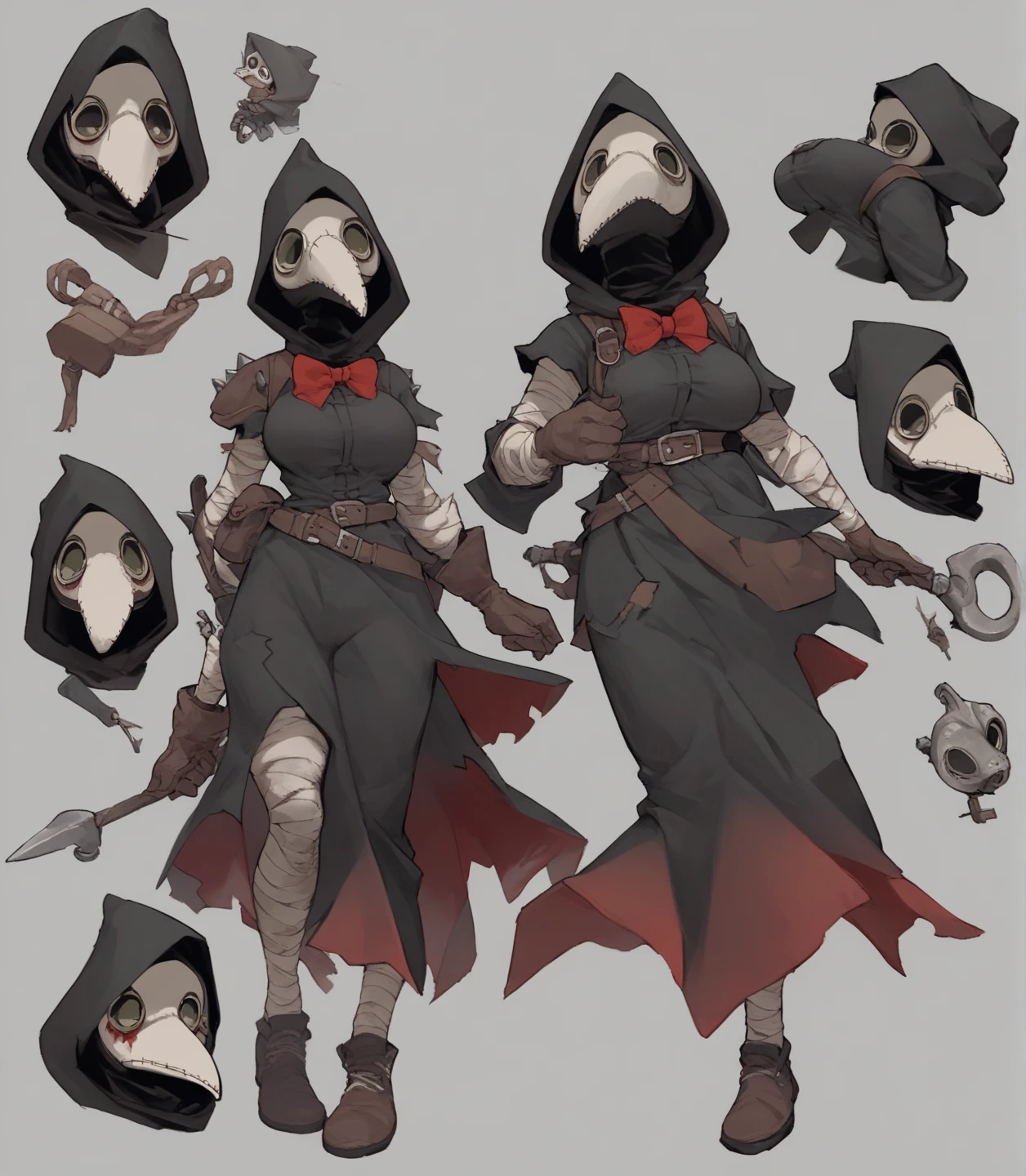 score_9, score_8_up, score_7_up, score_6_up, score_5_up, score_4_up, source_furry, plague doctor, 1girl, solo, hood, mask, gloves, faceless, plague doctor mask, tall, bandage, breasts, full-length portrait, full body, model sheet, multiple expressions, big red bowtie
