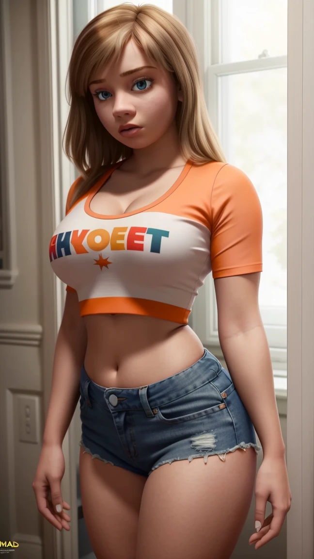 women, ((masterpiece, Best Quality)), full body view, bursting very giant breasts, slim, very fat legs, Wide hips, detailed skin, Riley Andersen  as a hooters girl, mermaids white and orange tight clothing, Bermuda, fitted crop top,  Very detailed, cinematic lighting, ultra realistic, blush, looking at the viewer, Riley Andersen from the movie Inside Out 