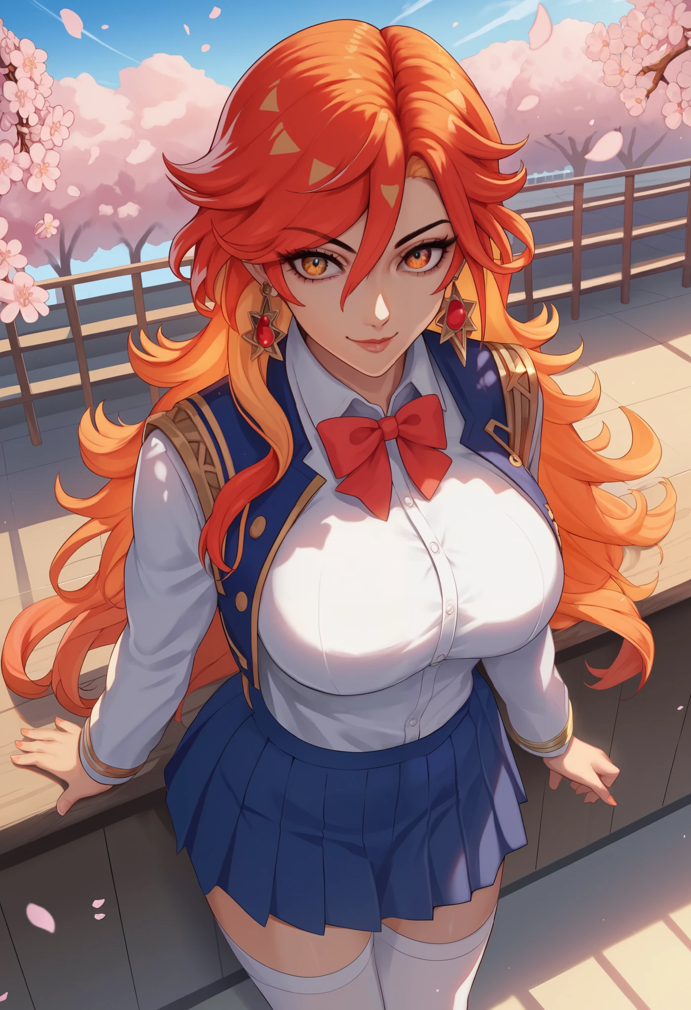  score_9,  score_8_above,  score_7_above,   source  _ anime BREAK 1girl ,  looking at the spectator,  cowboy shot , 
mavuikadwnsty , sun-shaped paboveils,  orange hair, jewelry, Earrings, multicolo red hair,  red hair, choke,  Bicolor Hair ,  hair between the eyes , camisa blanca,  collared shirt ,  bow tie , falda pliSada, blue skirt,   school uniform  ,  white stockings,  al aire libre,  sunlight ,  schoolyard ,  cherry blossoms , blue sky, bank,  al aire libre,  sunlight ,  schoolyard ,  cherry blossoms , blue sky, bank,  session, on bank,
Big breasts, smile, Lips, neckline,