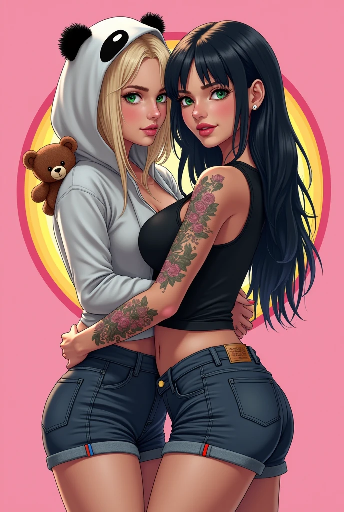 A lesbian couple , realistic detailed drawing , the first woman has black hair , a muscular physique and a tattoo ,wearing clothes,black shirt , short preto , second woman has light blond hair , Green eyes at the close angle of the face , wearing cute panda costume while holding a teddy panda bear, on a pink background , with a rainbow background , The drawing at a lot of brightness , Cor