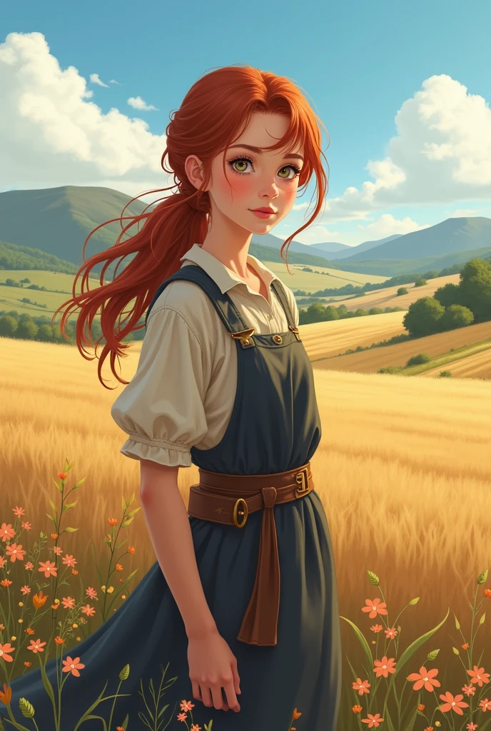 A 15-year-old girl from a farming family, on a large plot of land with fields in the background, you can see some hills in the distance at the end of the Middle Ages in Scotland. Anime style