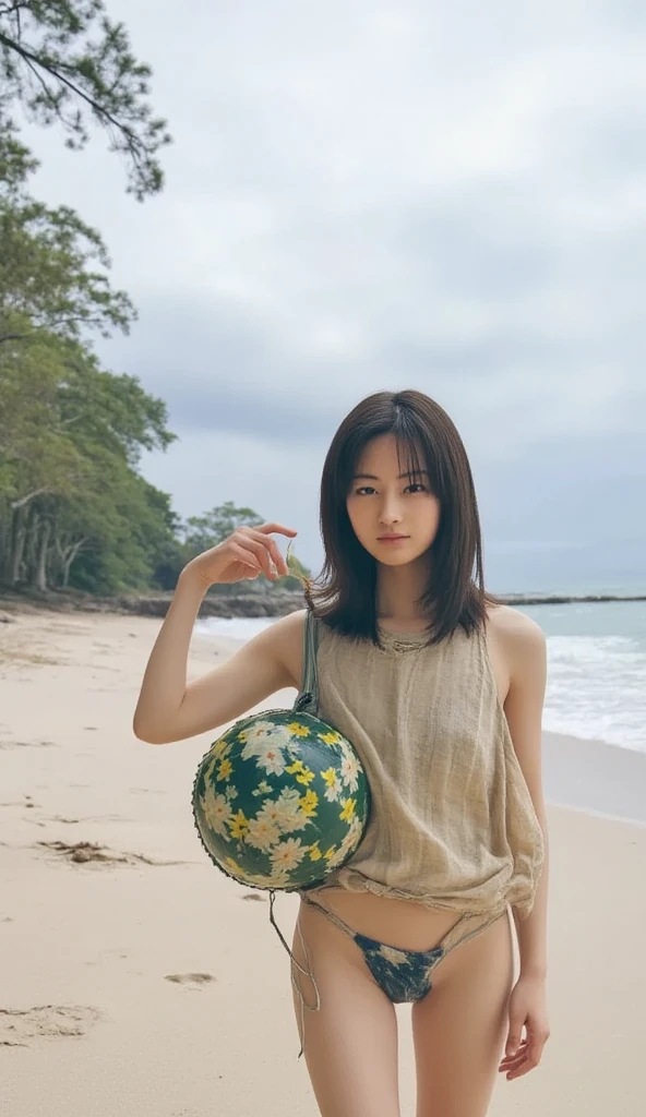 The composition is a full body shot from below 、Correct structure as a human 、 correct structure as a woman、A woman with big boobs is naked on the beach wearing a bikini swimsuit and having fun alone、 top quality、masterpiece、 Not wearing underwear 、barefoot, 