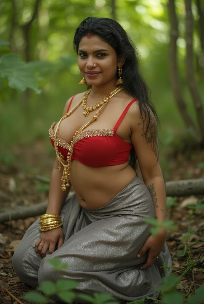 I am 40 year old plus size tall and big giant muscular indian wife, looking like indian kerala resmi , wearing shining fully transparent gray silk skirt and red bra, white skin tone, beautiful face, red lips, clean skin, celebrity face, thick leggs, round ass, huge breast,all indian ornaments like ,gold chain,gold necklace,gold ear ring with chain connect with nose ,nose stud ,auspicious thread in Necklace, Armlet, bangles,red sindur on head,shows(widely) protruding booty overhang, sitting in amazon forest, two oily skinned skinny extremely black muscular nigerian boys standing on both side,looking straight to camera,(cute),long hip length black hair highly detailed,(sidelighting, finely detailed Fashionable eyes: 1.2) (perfect oval large eyes that gazes at the viewer),(a huge ass women), (seductive:1.1),a quarter back side view, full body image,