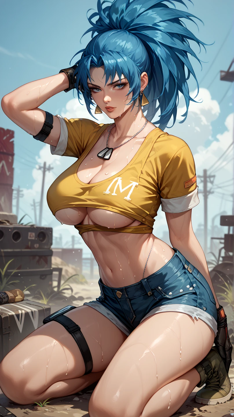 Sexy leona heidern, Dark blue hair , triangle earrings, condog tags, on a wasteland, pose sexy, sweating, denim shirt and denim shorts, kneeling fashion, open legs , lift shirt , under boobs,