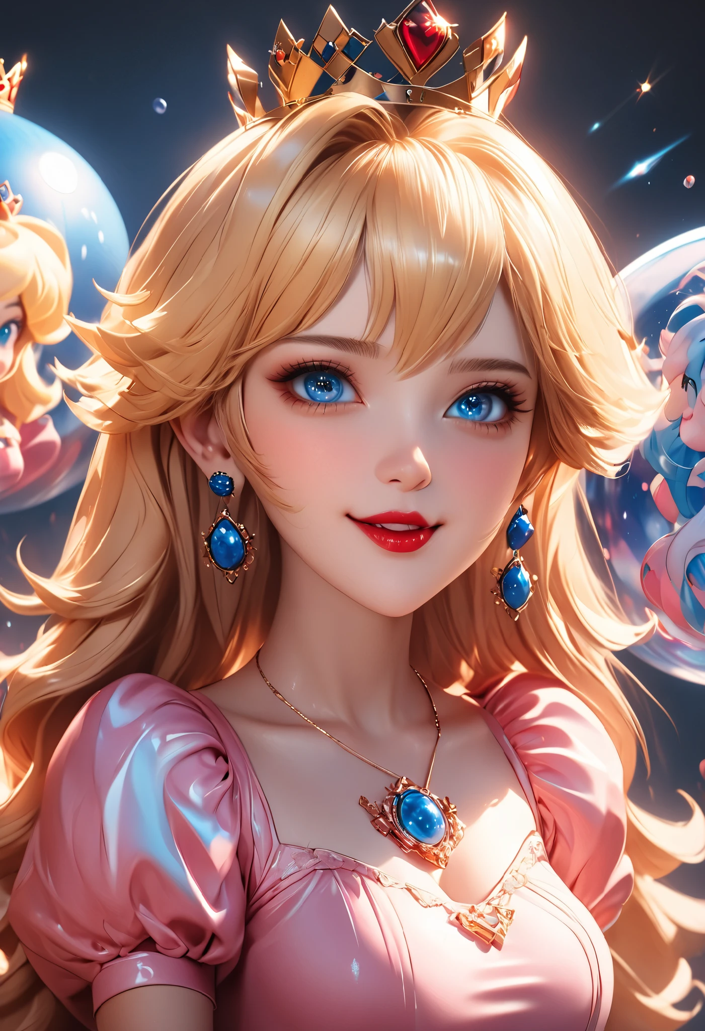 8k,masterpiece, CGSTATION, hyper CGI style, arte extremadamente detallado de artgerm, photorealistic chica anime render, A 4k anime drawing style, best quality, 3D rendering, INTRICATE, Cute Girl, hyper detailed, medium bust, 27 years old, a woman, navel, sensual smile, red lips, super detailed skin, super beautiful eyes, PRINCESS PEACH, ppeach, ppeach, (long_hair, blue_eyes, blonde_hair, hair_between_eyes), (gloves, (long pink_dress:1.2), jewelry, blue_sphere_earrings, puffy_short_sleeves, white_gloves, crown), wearing jeans, a white blouse, V-neckline,