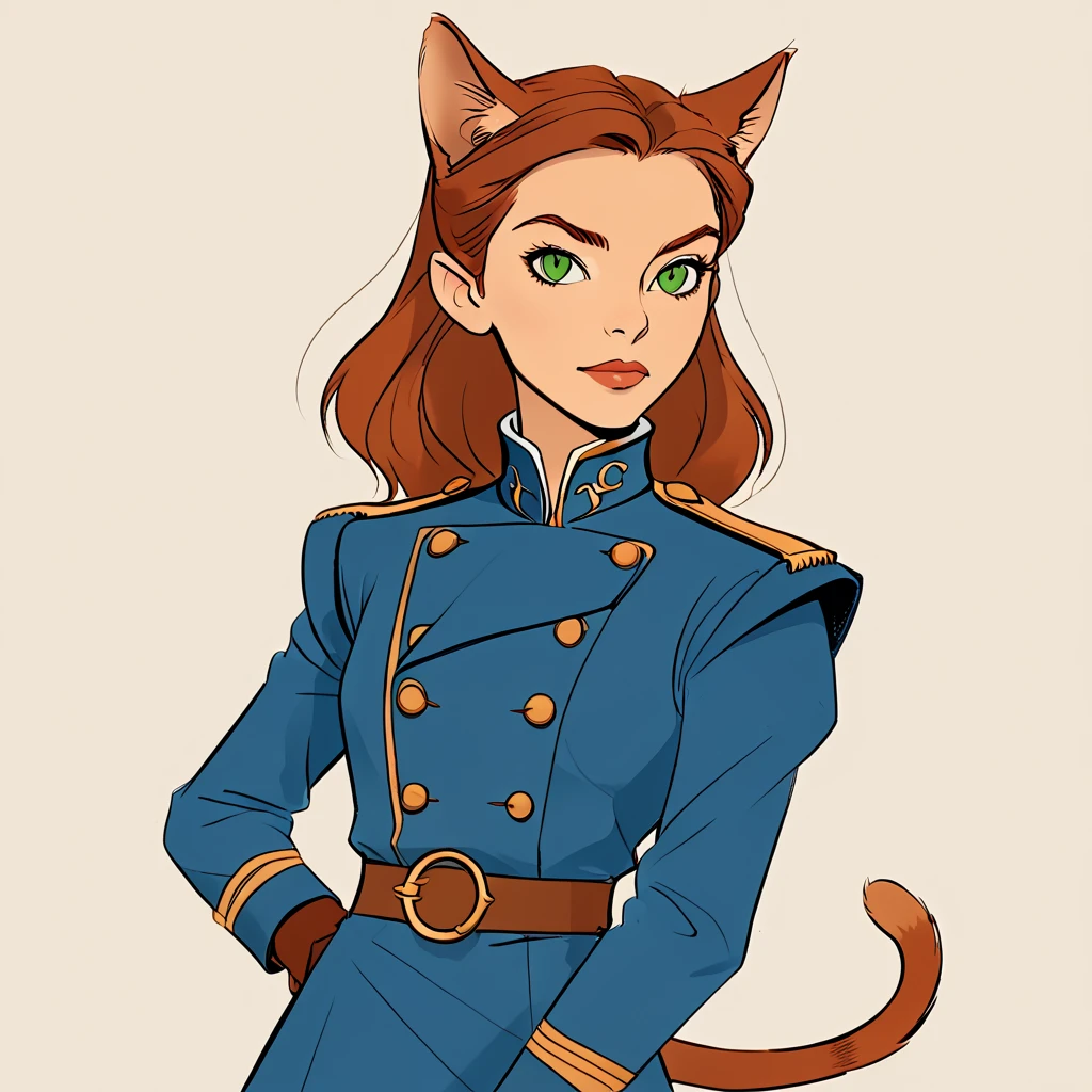 Captain Amelia (from Treasure Planet) in a minimal line drawing. Captain Amelia is a tall, slender, anthropomorphic feline with reddish-brown fur, green eyes, and a commanding presence. She has long, pointed ears, wears a blue captain's uniform with gold accents, and exudes confidence and grace. The scene features cel-shaded lines only, capturing her in an elegant and dynamic pose.
