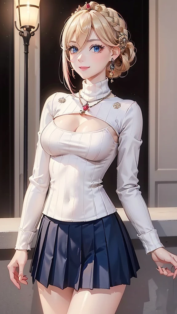 (Masterpiece, Ultra High Definition, Ultra High Quality / 8K Quality), A woman with the most beautiful face and body in history, Anime, Slim body, Tall height, Small face, Very large and full breasts, Thin waist, Big hips, Balanced proportions, Shiny hair, Blonde, (((Updo:1.2))), Beautiful and shining eyes, (Clear blue eyes:1.2), (((Eyes with shining highlights:1.2))), Long eyelashes, Pink lips, ((Precise, beautiful and exquisite hand and finger creation)), (Charming smile), (Winter casual fashion), (Turtleneck sweater), (Long sleeve short jacket), (Pleated mini skirt), (Elegant appearance), Red rose hair accessory, Elegant design necklace, Big earrings, Bangle, Ring, Beautiful standing posture like a fashion model