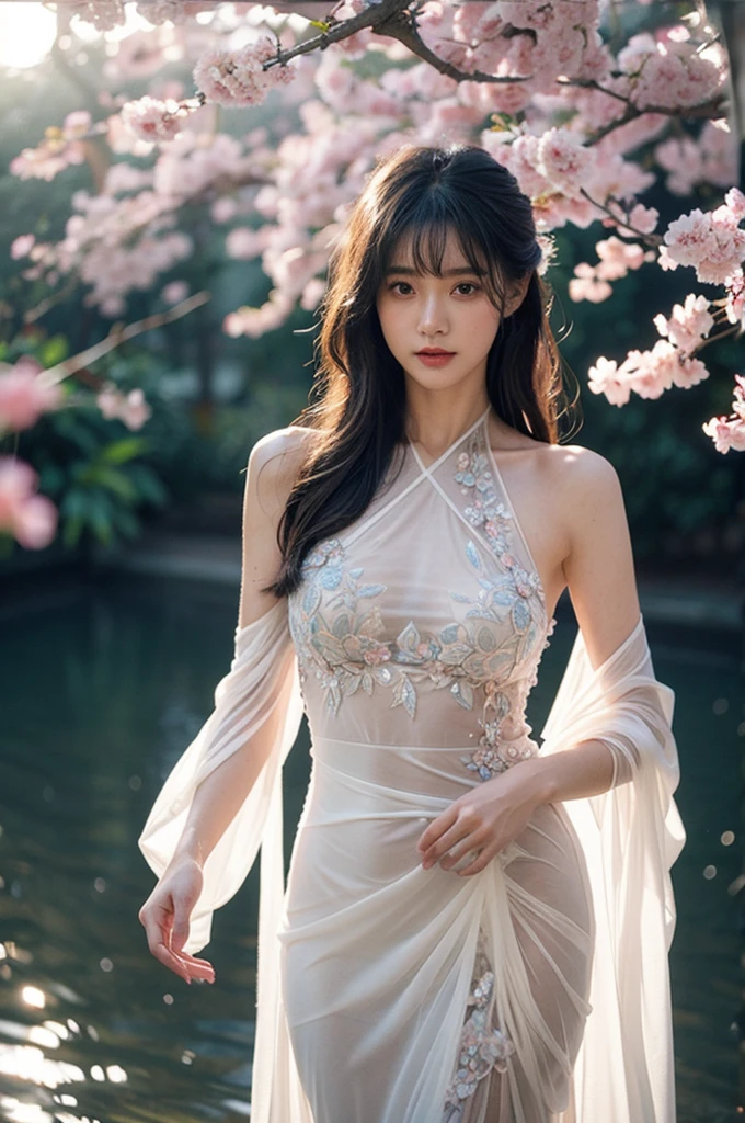 loose outfit、Show shoulders、looking at viewer,How to wear a gown with a broken see-through halter neck、Decorated with intricate patterns and bright colors、Transparent material that makes the skin shine、Artistic depiction of seductive woman in gown with wet thin cloth and transparent skin, Floral and fantastic pattern with flowing silky traditional see-through skin。Her dress draped elegantly around her curvaceous figure、Emphasizes her charming silhouette。She's a gentle fireworks night、Dynamic Posing、Sexy Posing、bathed in the soft glow of moonlight。The scene is、With a hint of mystery and sensuality、It exudes an ethereal dreamy atmosphere。The image style is、Incorporates a blend of watercolor and digital illustration techniques.、It makes you feel delicate beauty and charm。Soft moonlit lighting、Cast gentle highlights and shadows on her mesmerizing features。Dynamic Posing、Bold poses、The hand is somewhere、see -through、show through、A sexy、Wet hair、Wet、cherry treelower petals、cherryblossom、The cherry tree、Sakura blizzard、buried、Transparent skin、Wet clothes、Chest Pulling、Translucent clothes、On the water、
