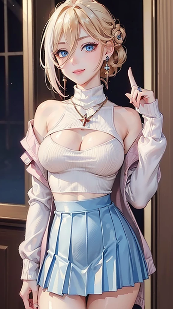 (Masterpiece, Ultra High Definition, Ultra High Quality / 8K Quality), A woman with the most beautiful face and body in history, Anime, Slim body, Tall height, Small face, Very large and full breasts, Thin waist, Big hips, Balanced proportions, Shiny hair, Blonde, (((Updo:1.2))), Beautiful and shining eyes, (Clear blue eyes:1.2), (((Eyes with shining highlights:1.2))), Long eyelashes, Pink lips, ((Precise, beautiful and exquisite hand and finger creation)), (Charming smile), (Winter casual fashion), (Turtleneck sweater), (Long sleeve short jacket), (Pleated mini skirt), (Elegant appearance), Red rose hair accessory, Elegant design necklace, Big earrings, Bangle, Ring, Beautiful standing posture like a fashion model