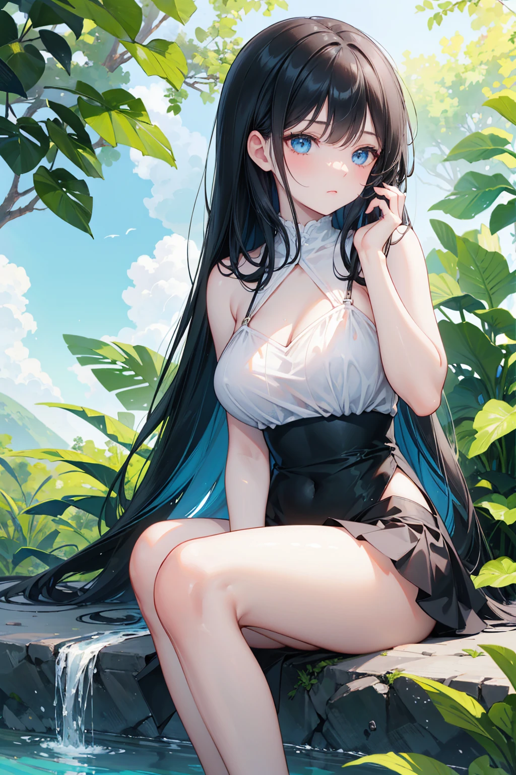 realistic image, detailed image, coherent image, 1 beautiful elf, she has very long hair, black hair, turquoise eyes, smiling, She is wearing a dress, showing her legs, She has a curvy body, medium breasts and thick thighs , She is sitting, posing sensually, arching her back, sprouting breasts, full body view, view from above, flower petals falling around, background surrounded by flowers, Soft focus, Dramatic shadows, Volumetric lighting, natural lighting, illumination artificial, white background, soft background,bzyyzg \(manaka nemu\)