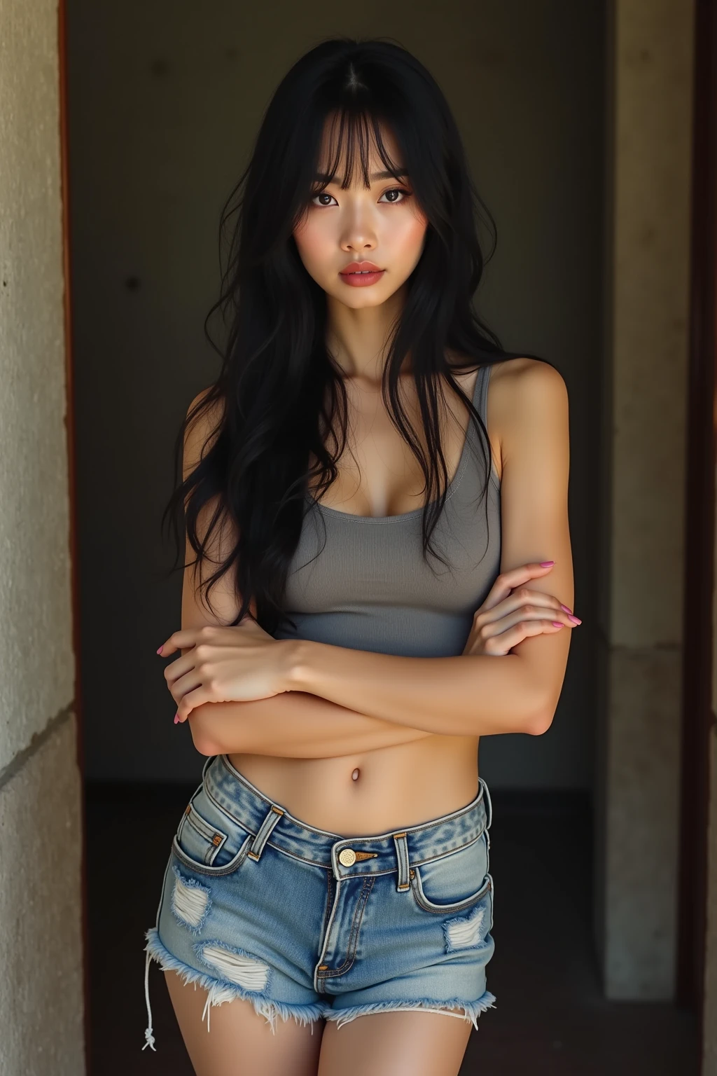 
asian woman, black long hair, brown eyes, 25 years old, polyglot, posing in the grass, wearing jeans and top without prints