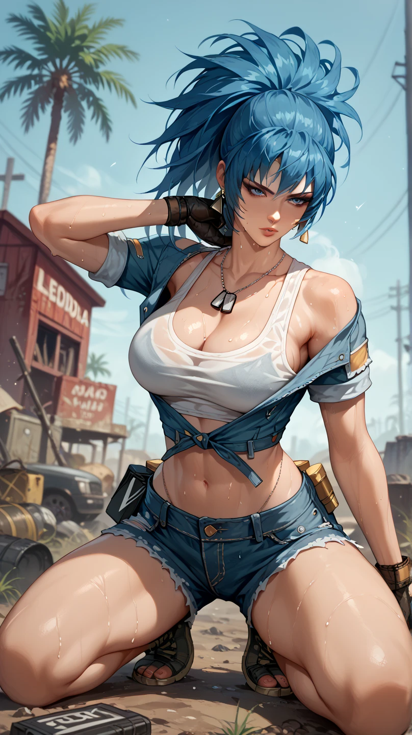 Sexy leona heidern,  Dark blue hair , triangle earrings, condog tags,  on a wasteland, pose sexy, sweating, denim shirt and denim shorts,  kneeling fashion,  open legs ,