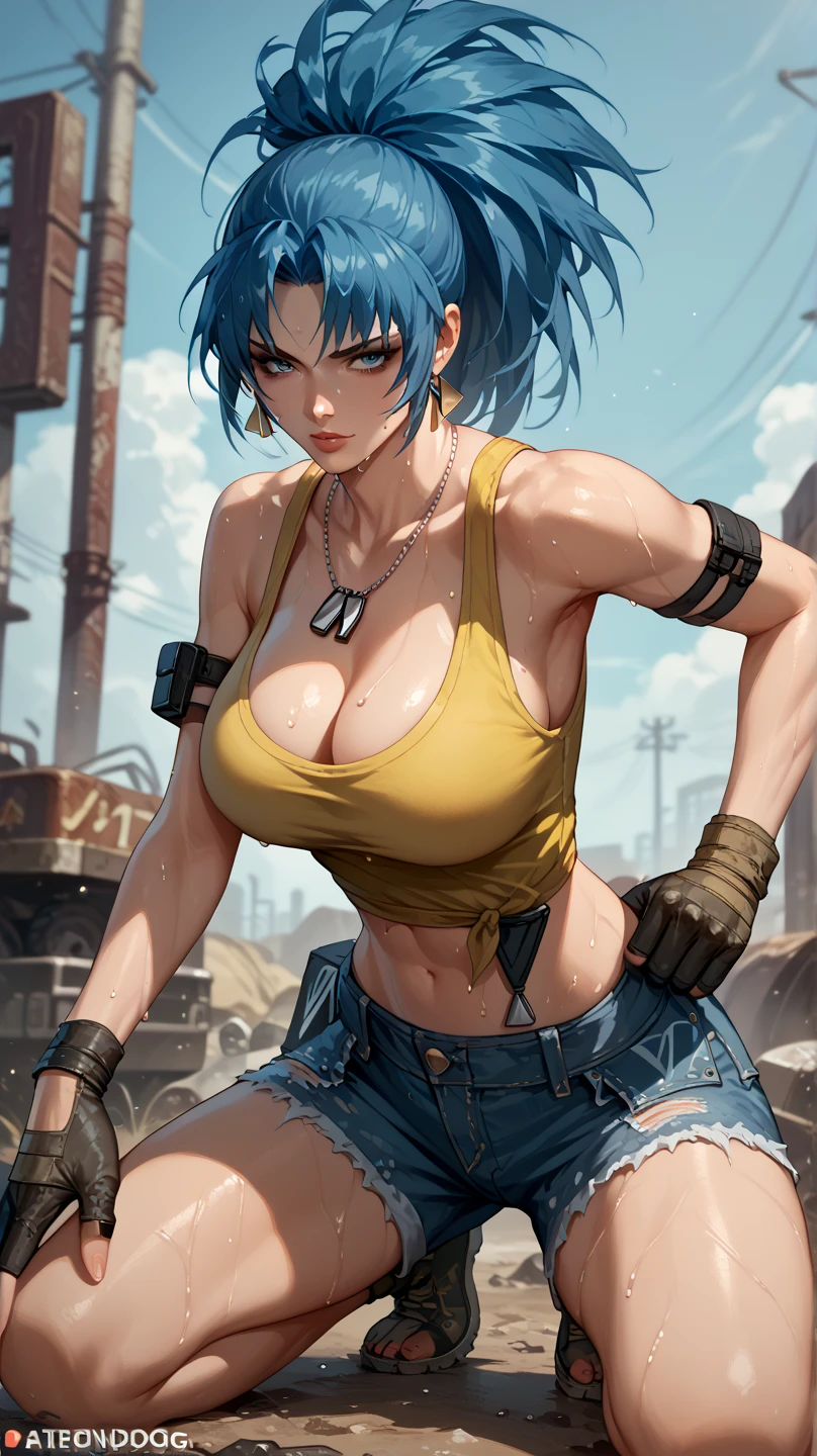 Sexy leona heidern,  Dark blue hair , triangle earrings, condog tags,  on a wasteland, pose sexy, sweating, denim shirt and denim shorts,  kneeling fashion,  open legs ,