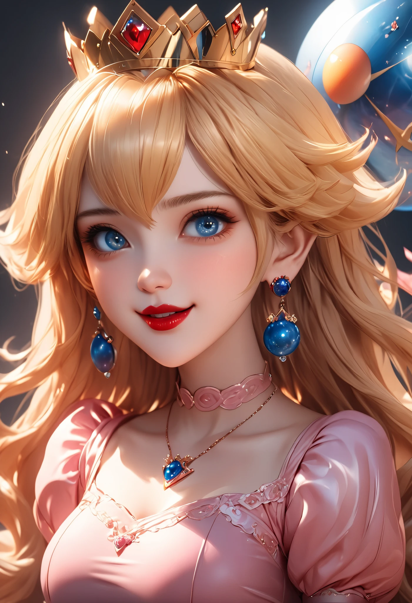8k,masterpiece, CGSTATION, hyper CGI style, arte extremadamente detallado de artgerm, photorealistic chica anime render, A 4k anime drawing style, best quality, 3D rendering, INTRICATE, Cute Girl, hyper detailed, medium bust, 27 years old, a woman, navel, sensual smile, red lips, super detailed skin, super beautiful eyes, PRINCESS PEACH, ppeach, ppeach, (long_hair, blue_eyes, blonde_hair, hair_between_eyes), (gloves, (long pink_dress:1.2), jewelry, blue_sphere_earrings, puffy_short_sleeves, white_gloves, crown), wearing jeans, a white blouse, V-neckline,