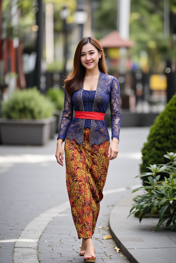 Perfectly beautiful young woman ,  ideal body , breasts are bigger than their heads ,  wears a strict kebaya bali dress of dark color covering her entire body and a tight balinese batik skirt up to her feet ,  red or yellow belt fabric ,  idol face ,  korean make up , filter beauty ,  walking on the side of the road   ,  there are garden benches - street decorations like round stones -street fences border streets clear roadsides and in the river there are fish Koi is luxurious.  Photography with the cool CityEdge concept and winning awards as the most creative and beautiful photography . natural lighting,  Canon EOS 5D Mark IV ,  ef lenses , 30. 4mp cmos ,  dual pixel raw ,  dual pixel cmos af , 7 fps , 150, 000 pixel metering sensor ,  high class , trends,  pov luxury ,  detailed face , detailed eyes, detailed lips,  extremely detailed and ,  highly detailed , flawless skin, elegant pose, serene expression, vibrant colors, warm lighting, photorealistic, 8K, best quality, masterpiece,  Partially Underwater Shot ,