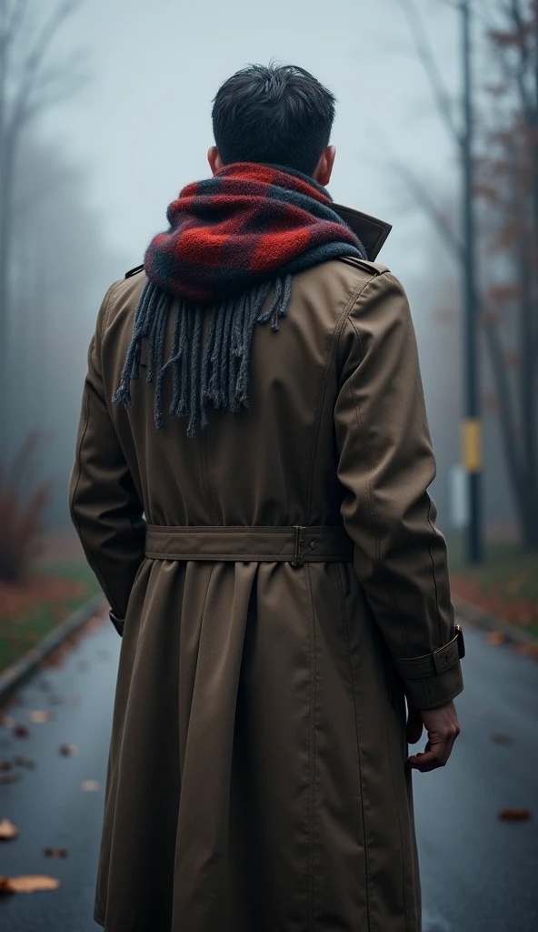 A completely invisible man with his back turned 、 wears an unhooded trench coat,  A beautiful scarf accentuates its presence ,  create a back that tells the story of a journey full of sorrow , The support of friends without substance 、 will ensure the warmth of the trench coat 