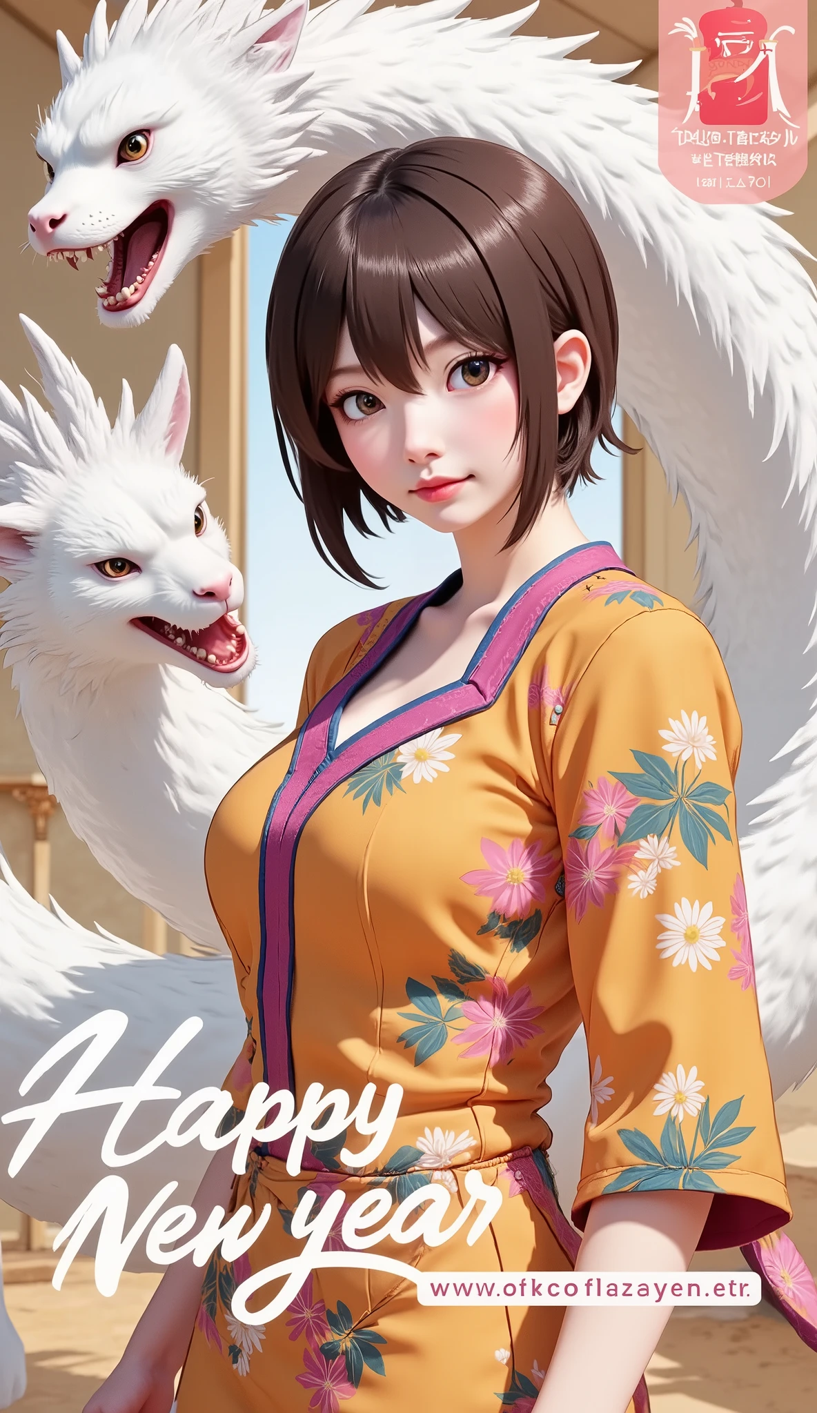 (Japanese anime style:1.4), 8k resolution, masterpiece, top quality, Award-winning works, new year post card, sole girl, (photo of a girl who is wearing Japanese traditional kimono printed on the card:1.4), (banner printed which says "Happy New Year" on the card:1.7), (image of big white snake printed on the card:1.6)