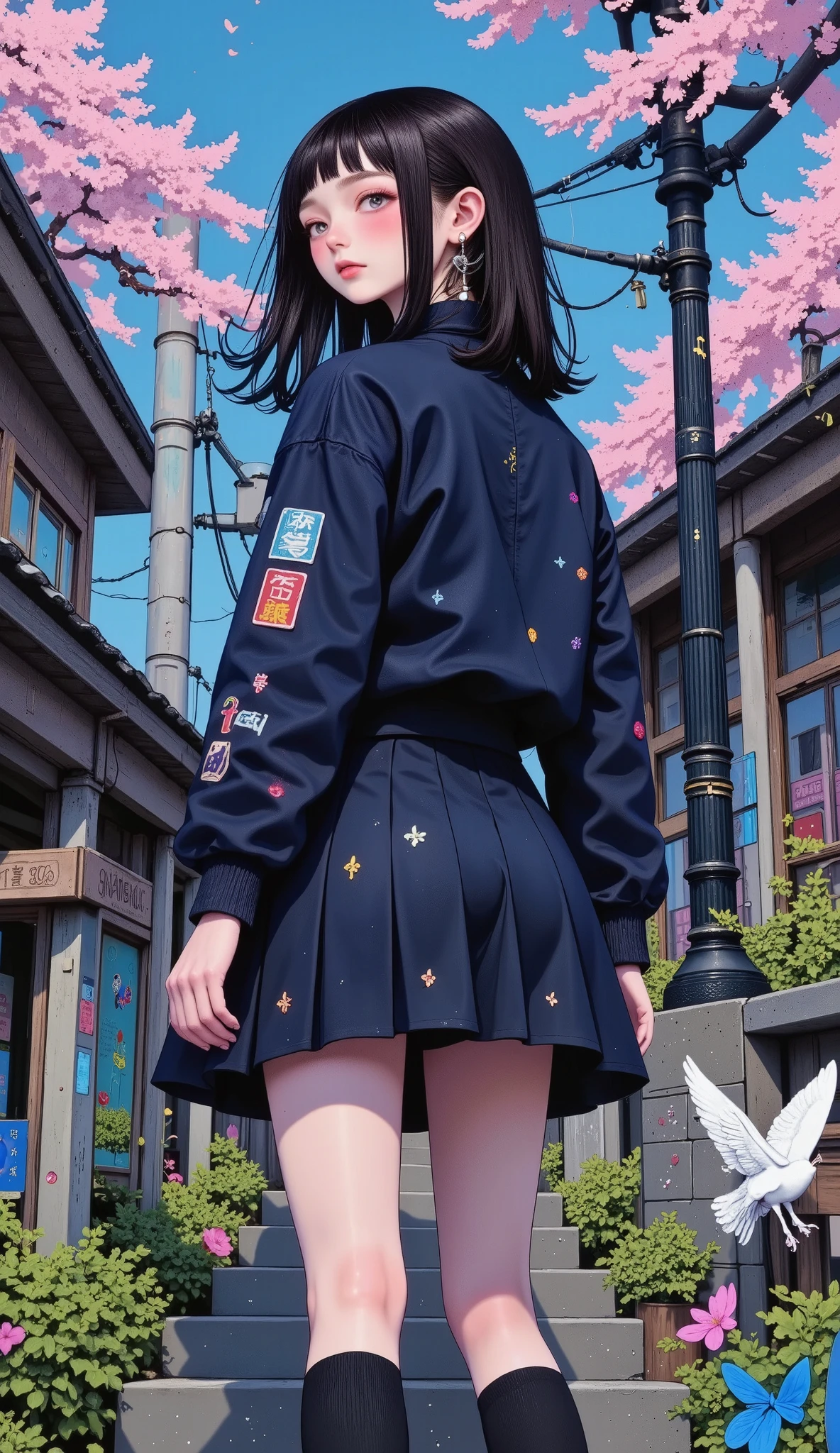 (( highest quality)), (( masterpiece)), ( high resolution), 8K, Better shadow, The best natural light, film dust , High school student climbing the stairs 、20 years, ( brown hair)、 looking back, shy、 navy blue jacket 、navy blue skirt、(dark blue socks)、(( back view))、 Angled from directly below the back, (( seen from below))、dark blue socksのクローズアップ、 Arrangement of the sleeve panels 、 cartoon style 、Sleeve design、 Station stairs 、on the way to school, A skirt that moves with the wind, Elegant white panties hidden under a skirt , slim body, beautiful thighs, embarrassed expression