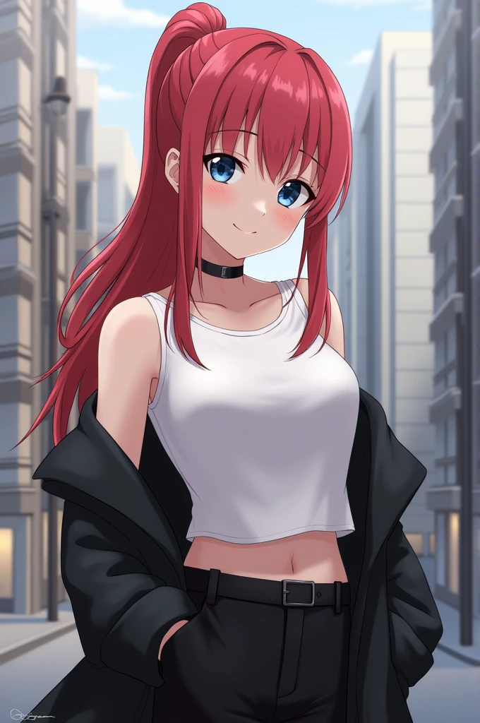Yoimiya, 1girl, solo, long hair, looking at viewer, smile, breasts, city background, butt, bare shoulders, teeth, tight shirt, short sleeves, closed mouth, black t-shirt,portrait, shorts, skin tight outfit, seductive, realistic, best quality, masterpiece, ultra detail, ultra high res, extreme detail, 8k