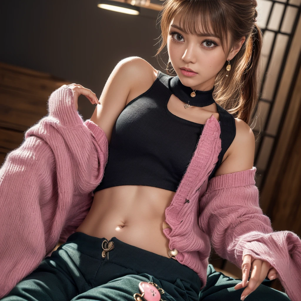 a girl, Thick belly button hoodie, long sleeve, (bare midriff, exposed navel), sexy abs, navel open，completely exposed abdomen, Low-rise hot pants，Expose your little belly，Mermaid Line, metal belt, cowboy shot, summer street, 8k, best quality, masterpiece, photorealistic, ultra-detailed, vivid colors, professional lighting, cinematic, dynamic pose, dramatic lighting, intricate details，Looking at the camera，Smile，Sweating on belly