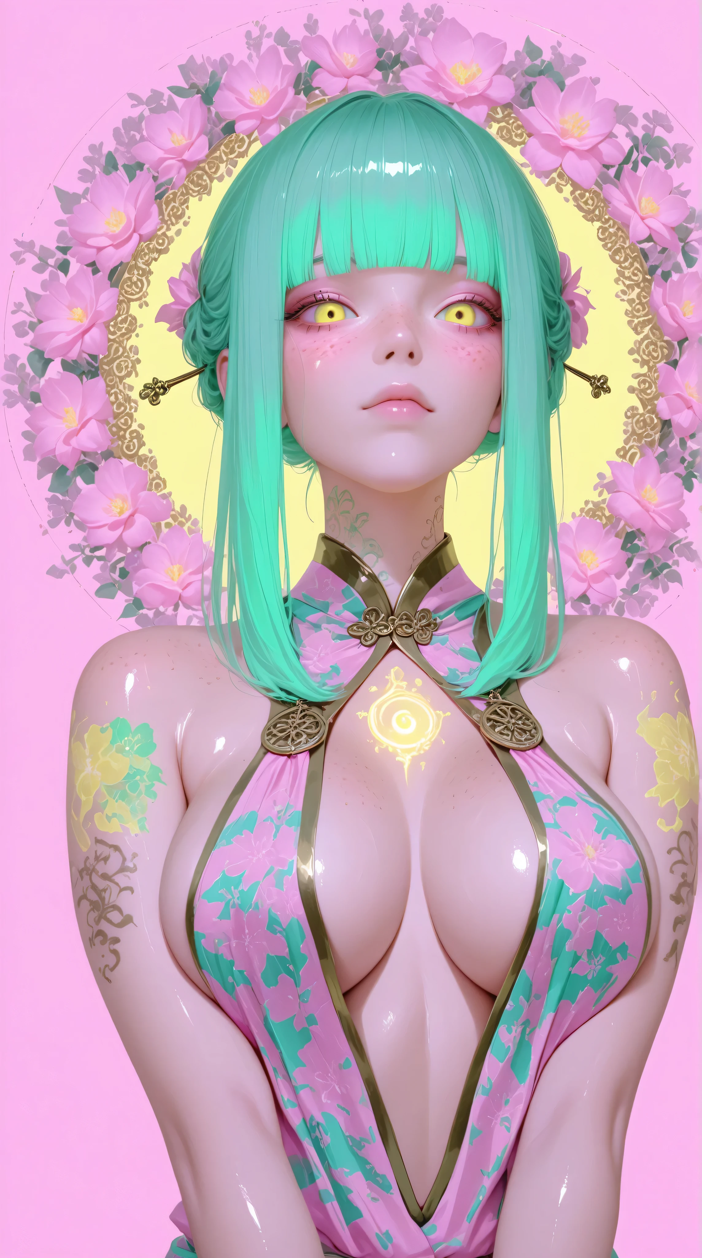 Kizi,Highly detailed, Amazing work,Vitreous luster,((clean backdrop)),In purple,(((reds))),pink color,gold colour, Best quality at best,plunging neckline, A mesmerizing surreal illustration of a young japanese woman. She has pastel green hair with blunt bangs, yellow eyes, and wears a vibrant pastel colored outfit adorned with intricate floral patterns. Freckles dot her smooth, warm complexion, and bold, colorful tattoos cover her arms and legs. The tattoos feature traditional Japanese motifs like flowers and mythical creatures, rendered with meticulous detail in a pastel color palette. The background is a vintage floral-patterned wallpaper. The line work is precise, The artwork fuses modern illustration techniques with traditional Japanese aesthetics, resulting in a visually striking portrait, shiny skin, big breasts,