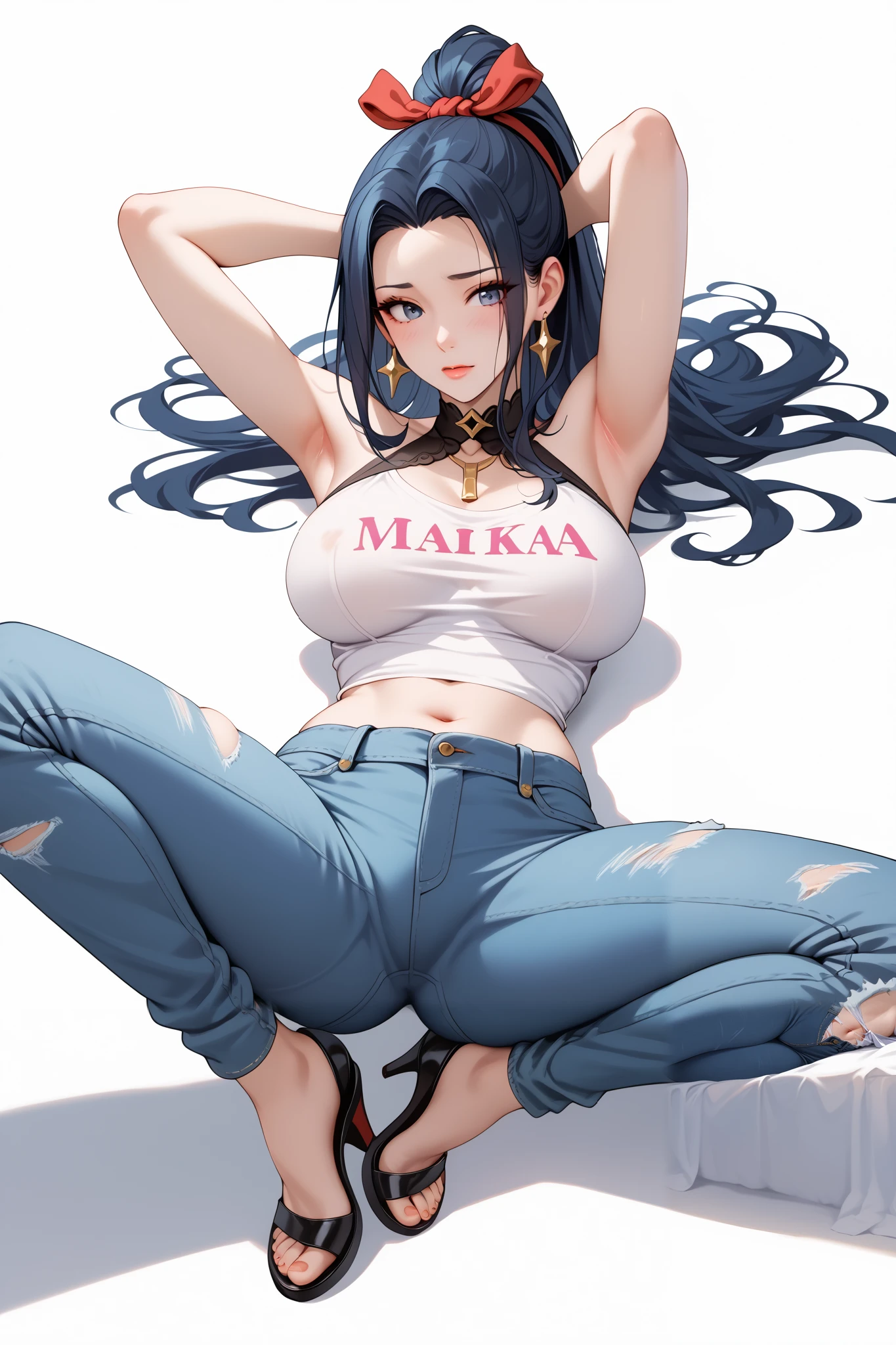 Masterpiece, extremely detailed, high quality, perfect anatomy, ,4k,solo,1girl,hanabi,black ponytail hair, beauty ,sexy outfit,white tshirt,ripped jeans,full body ,lying on the floor,spread legs, sexy pose, squad,long legs ,perfect slim body,arms behind head,large breasts,((kawai face)),embarassed ekspression,looking at viewers,((plain white background))
