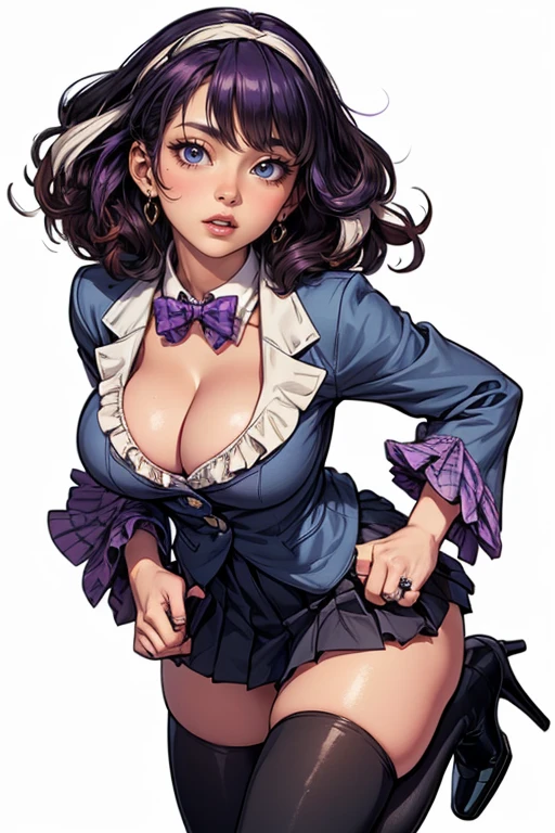 Sexy seductive black girl strutting,lollipop, (luscious smile: 0.6), dark skin, black hair, short curly afro, hair bobbles, (large breasts: 1.1), Rihanna, Lori Harvey, sexy, skinny, small waist, (wide hips), gigantic hip bones, heart-shaped derriere, big ass, school uniform, tie, tie ribbon, skirt, beautiful eyes in detail, (masterpiece: 1.2, superb), realistic, (real shot, fine crafted, depth of field), (1girl, solo), makeup, noble, (noble shirt and garter: 1.3), elegant but salacious, blush, red-light district at night, proud, confident, amarous, (glittering and shiny skin), beautiful and diverse jewelry, 21-years old, (curvaceous), (big ass: 1.3), bonny, (small mouth), skirt showing pubic part(masterpiece, ultra-detailed,best-quality, 2040hd) visual novel, CG m-da s-tarou
