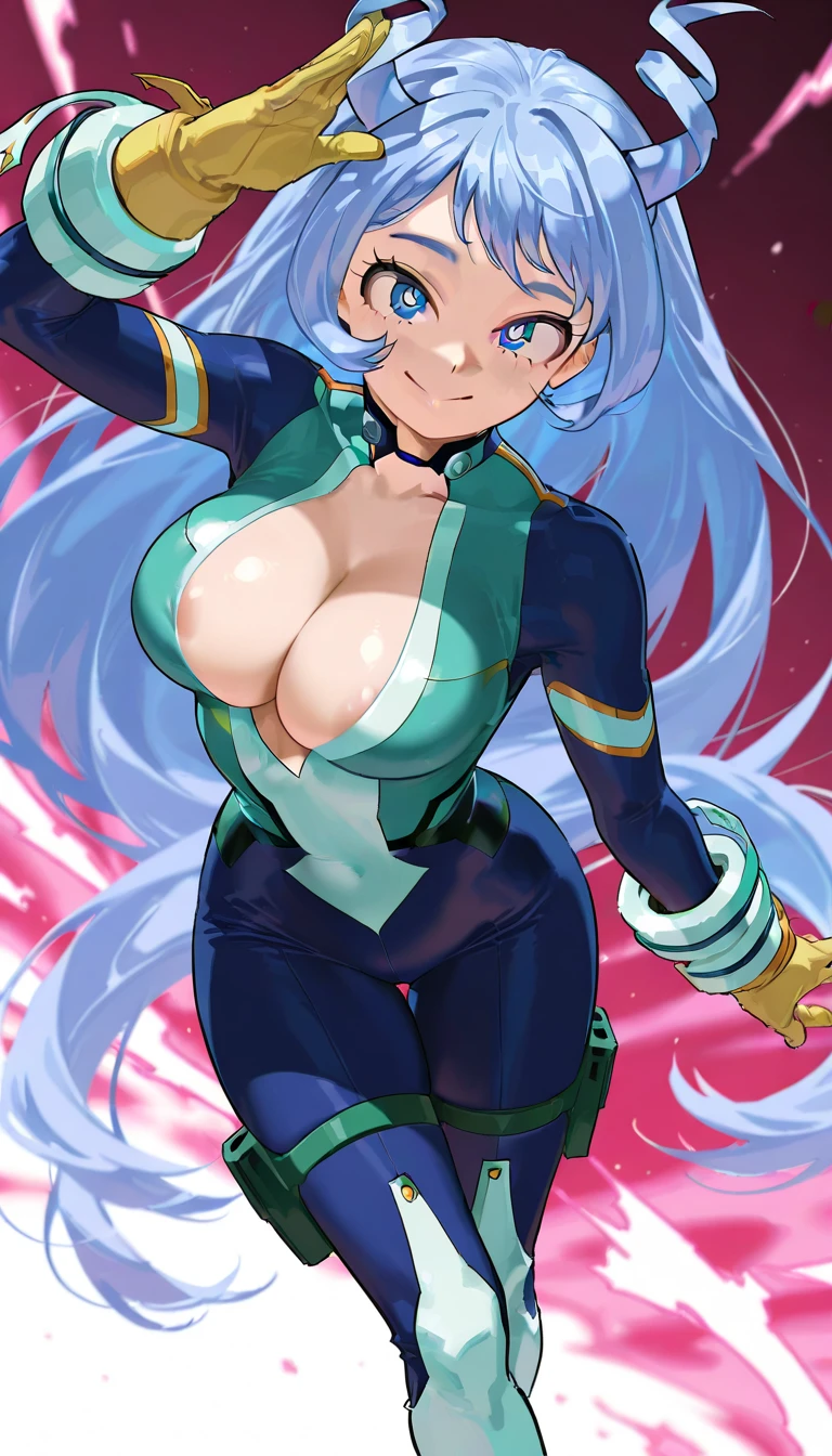 nejire hado, blue eyes, light blue hair, very long hair, bodysuit, gloves, thigh strap, boots, Nejire Hado (My Hero Academia), long blue hai, blue eyes, detailed eyes, detailed background, boobs, big breasts, cleavage, tight blue suit, masterpiece, 8k, sweet smile, hero, horns, ((areola slip: 1.1))
