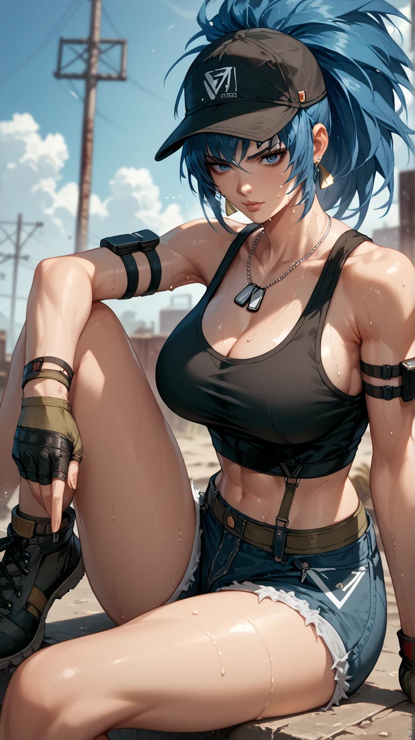 (night:1.2), tall young punk adult woman, tall sexy athletic woman, light blue crop top, heavily torn (crop top:1.2), black ((messy:1.5) bob cut:1.2), (torn v-cleavage:1.2), long torn jeans:1.2, long pants, (huge fake tits:1.2), (torn underboob:1.7), sultry small smile, angry mesmerizing blue eyes, sexy, (full pouty lips:1), (red lips), rebel, punk, though, in a night back-alley, (threatening viewver:1.2), ghost, leaning forward, brawling, fighting
