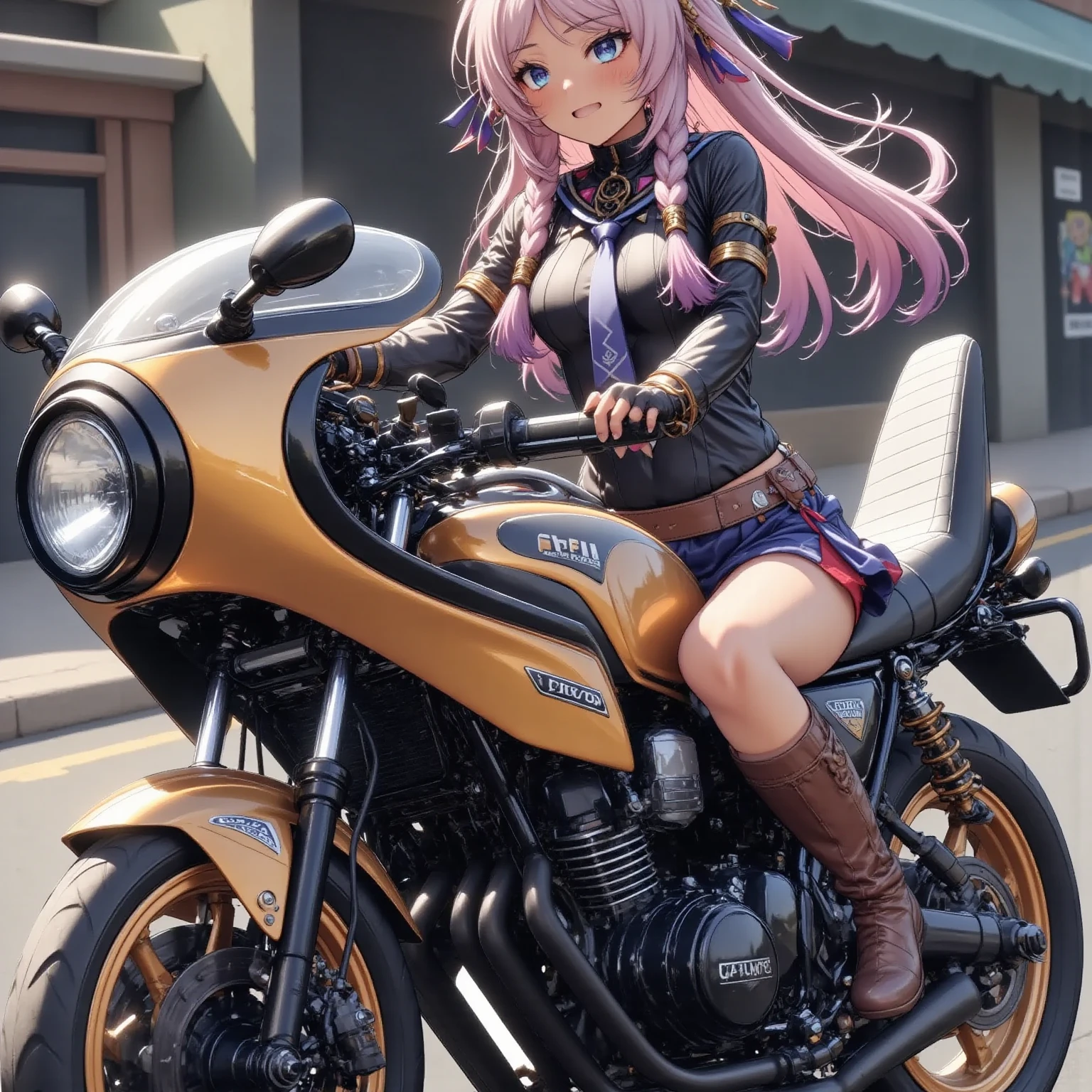 ONE HIGH SCHOOL GIRL RIDING A MOTORCYCLE 　+ CAFE RACER TUNED HONDA CBX400F　+ glossy brown skin + sailor suit　+ loose socks　+ rocket cowl 　、 top quality,  