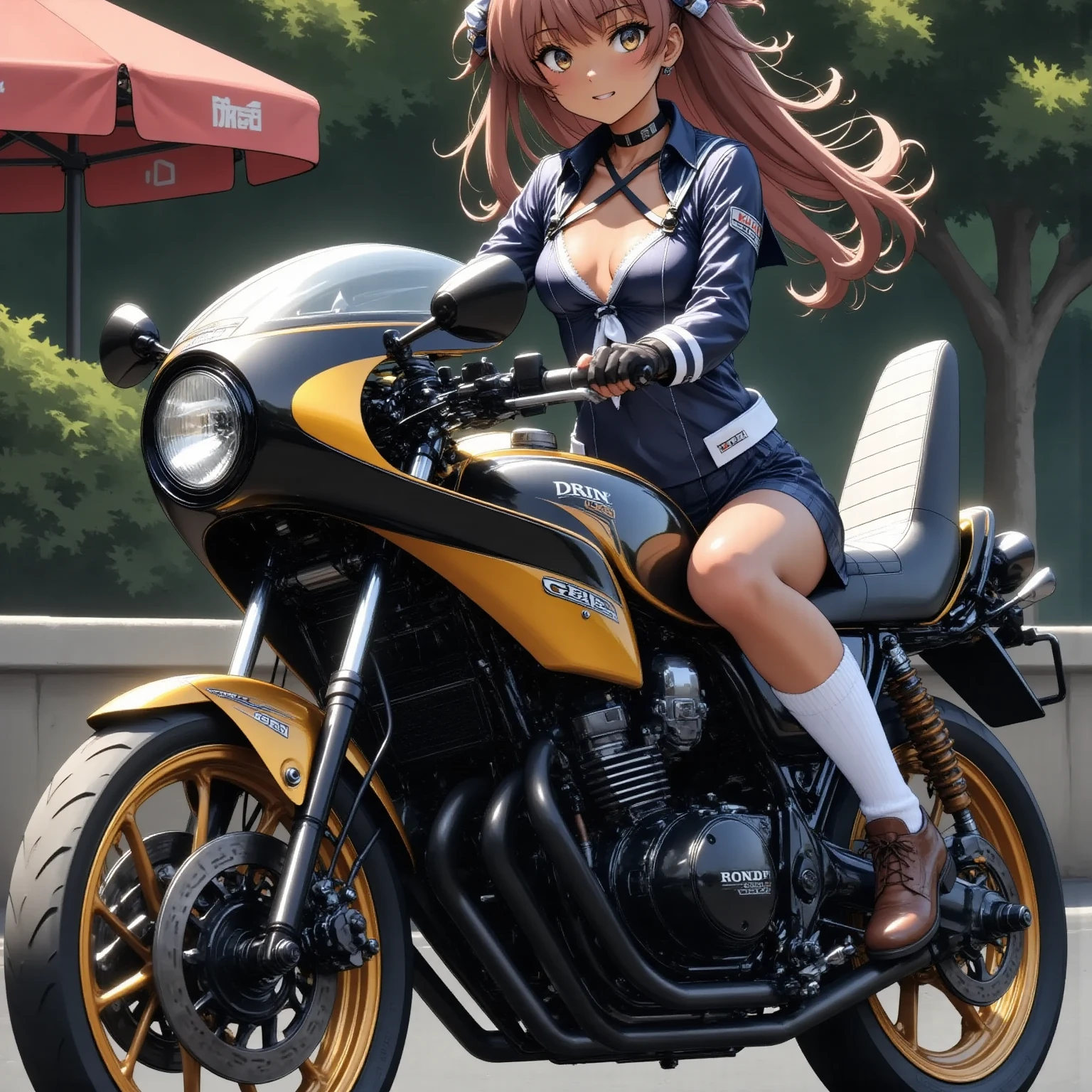 ONE HIGH SCHOOL GIRL RIDING A MOTORCYCLE 　+ CAFE RACER TUNED HONDA CBX400F　+ glossy brown skin + sailor suit　+ loose socks　+ rocket cowl 　、 top quality,  