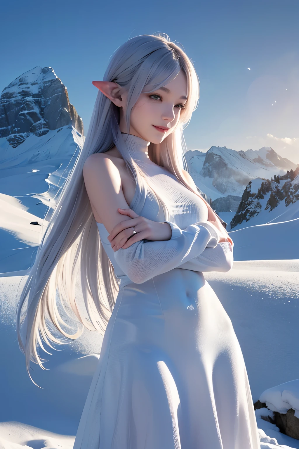 (ultra Realistic) , (illustration), (Enhance resolution), (8k), ( Extremely Detailed), ( detailed face ), Slim Body, in the dark , deep shadow, low profile, pureerosfaceace_v1, Happy smile, Winter, Mountain