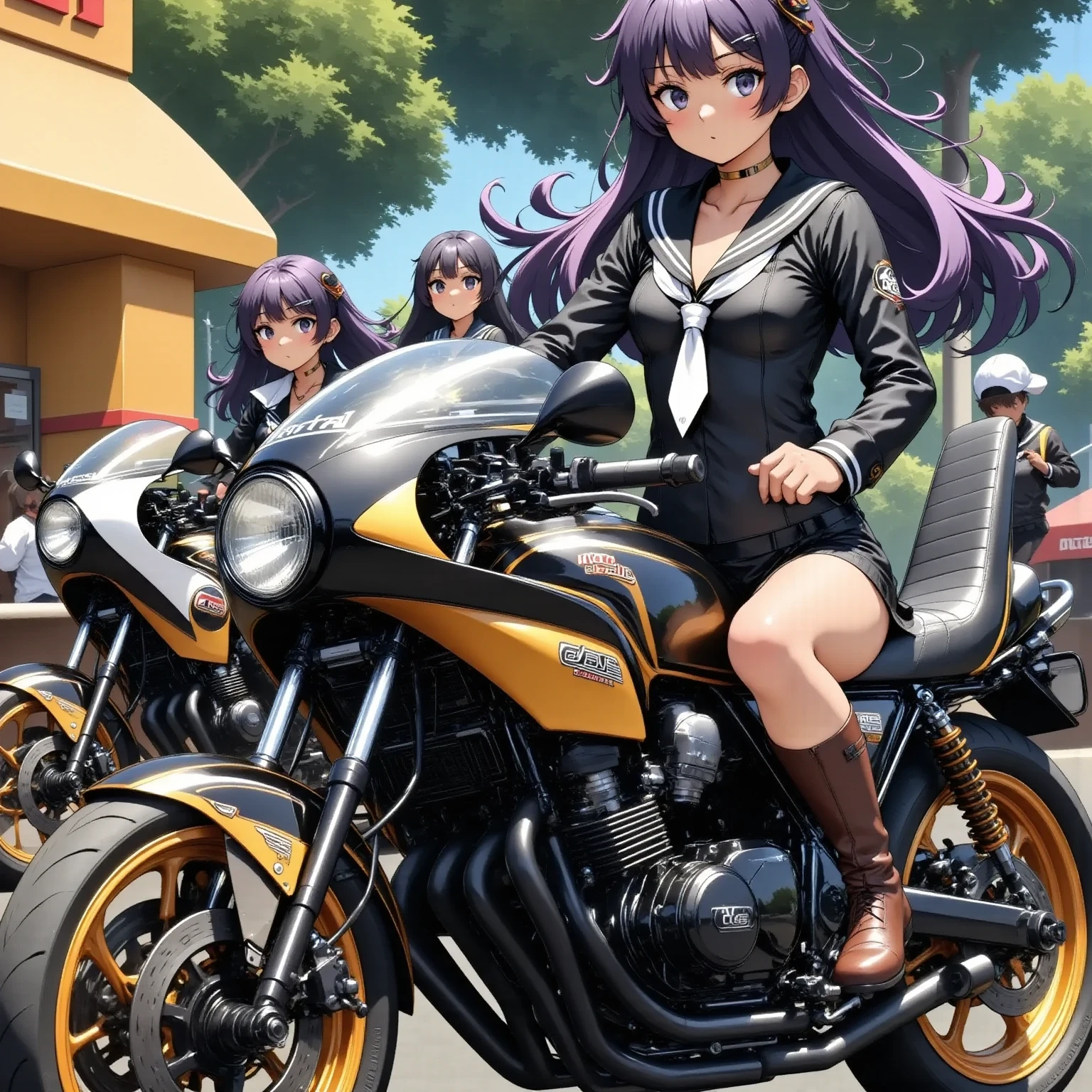 ONE HIGH SCHOOL GIRL RIDING A MOTORCYCLE 　+ CAFE RACER TUNED HONDA CBX400F　+ glossy brown skin + sailor suit　+ loose socks　+ rocket cowl 　、 top quality,  