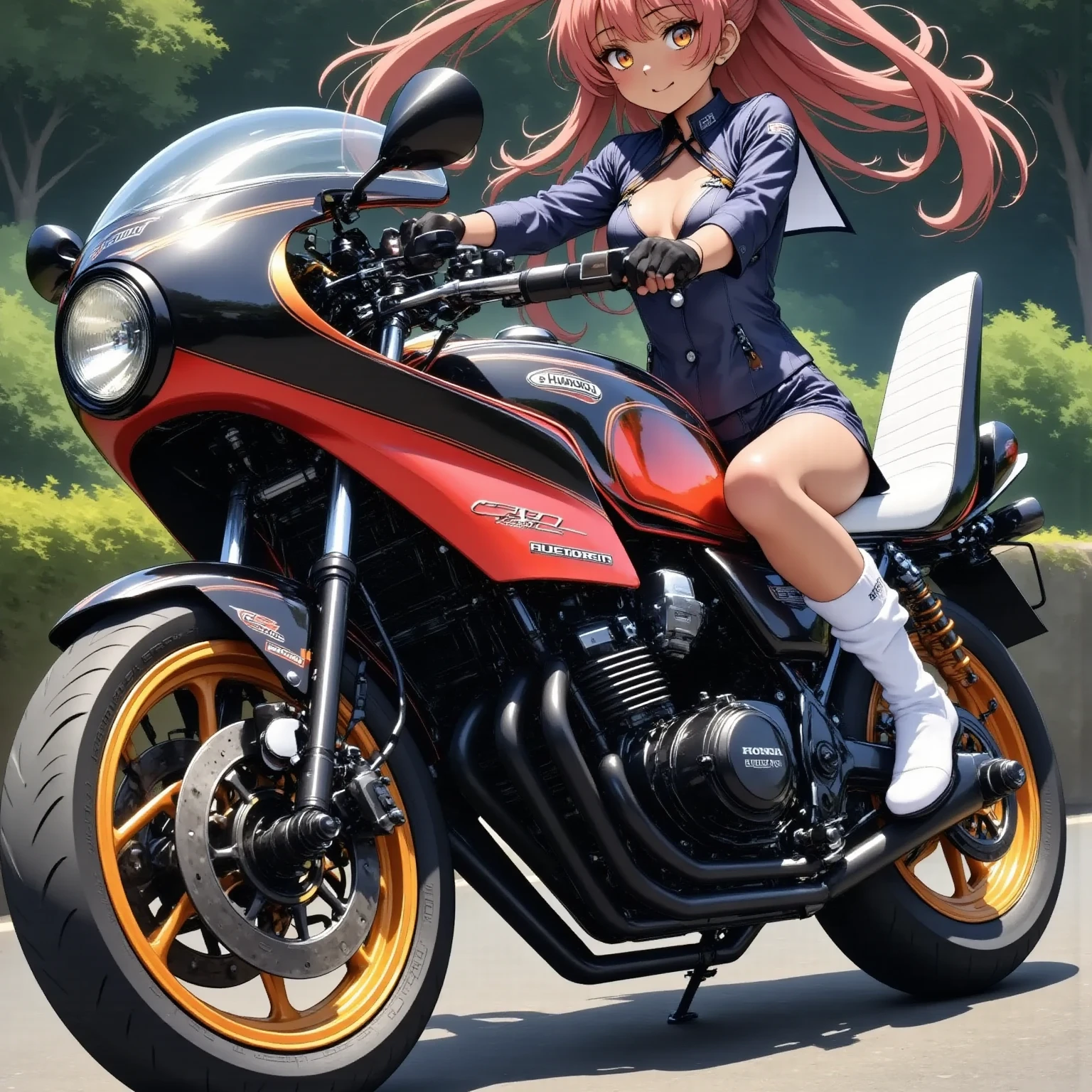 ONE HIGH SCHOOL GIRL RIDING A MOTORCYCLE 　+ CAFE RACER TUNED HONDA CBX400F　+ glossy brown skin + sailor suit　+ loose socks　+ rocket cowl 　、 top quality,  