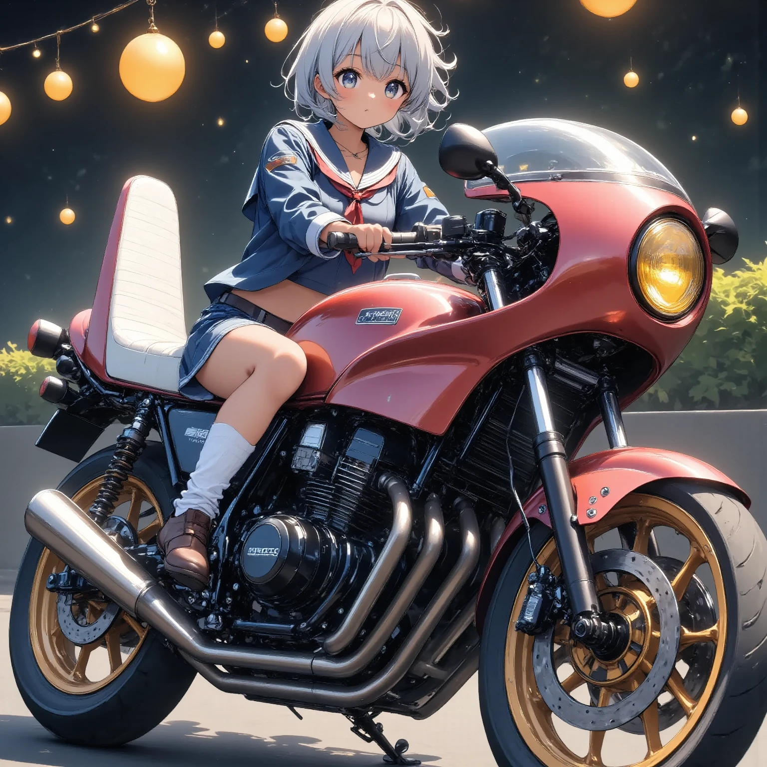 ONE HIGH SCHOOL GIRL RIDING A MOTORCYCLE 　+ CAFE RACER TUNED HONDA CBX400F　+ glossy brown skin + sailor suit　+ loose socks　+ rocket cowl 　、 top quality,  