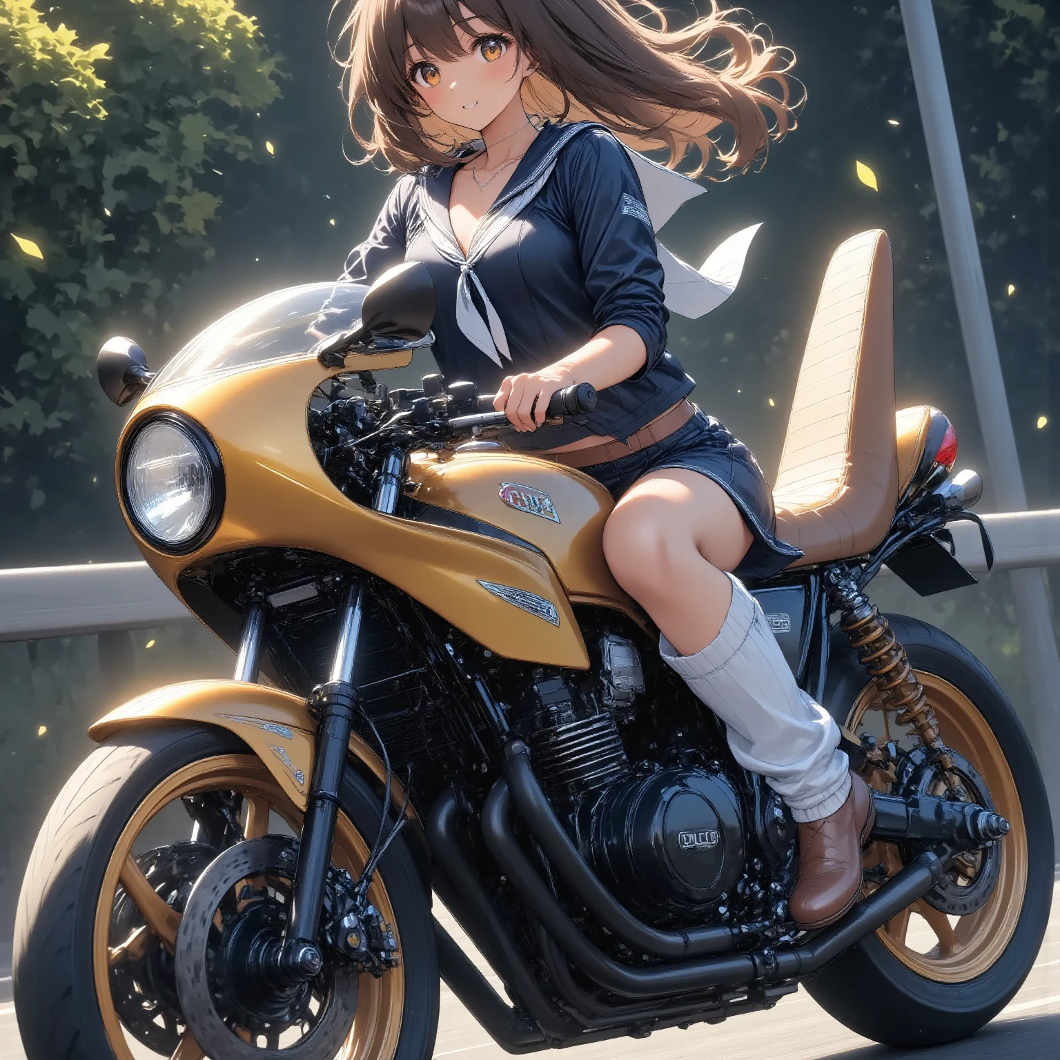 ONE HIGH SCHOOL GIRL RIDING A MOTORCYCLE 　+ CAFE RACER TUNED HONDA CBX400F　+ glossy brown skin + sailor suit　+ loose socks　+ rocket cowl 　、 top quality,  