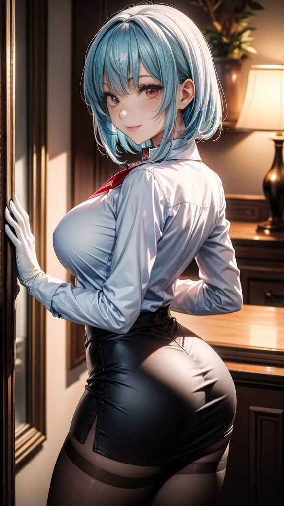 Meisterwerk, (realistisch), high-res, hochdetailliert, kompliziert, Beautiful women, rote Haare, blaue Augen, Sommersprossen, detailliertes Gesicht, red bunny suit, from behind, looking at viewer, showing ass, smile, bunny ears, bending over, in cafe