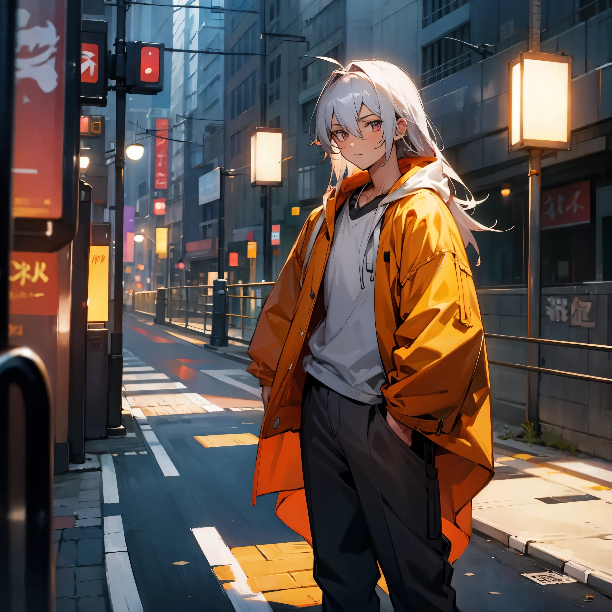 1male, young teen, tan skin, finely detailed plum eyes, straight long hair, grey hair color, fitted boomer jacket, designer shirt, baggy pants, standing on street, night time, tokyo streets, calm expression, muscular