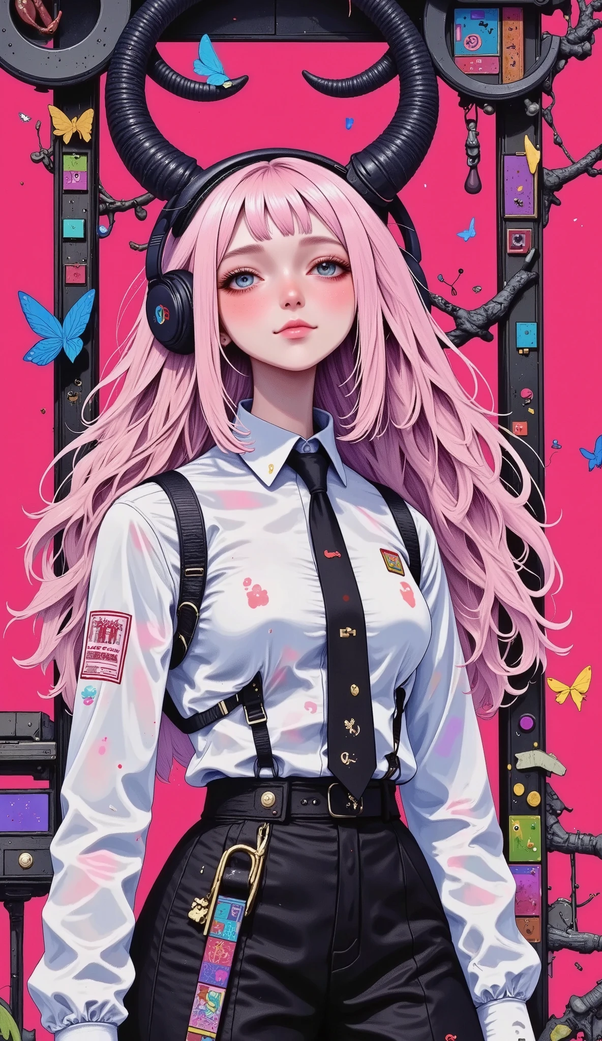  Plan General ,   full body ,  She is happy smiling , funny pose, of action,  Anime girl with pink hair and headphones on a pink background, Beeple y Jeremiah Ketner,   work of art in the style of Guweiz, digital cyberpunk anime art, anime ciberpunk, cyberpunk art style,  Cyberpunk Digital Art - Anime  ,   Alice in Wonderland cyberpunk  , cyberpunk anime art, Cyberpunk themed art  ,  drawings of cyberpunk 2077 ross , anime cyberpunk girl 