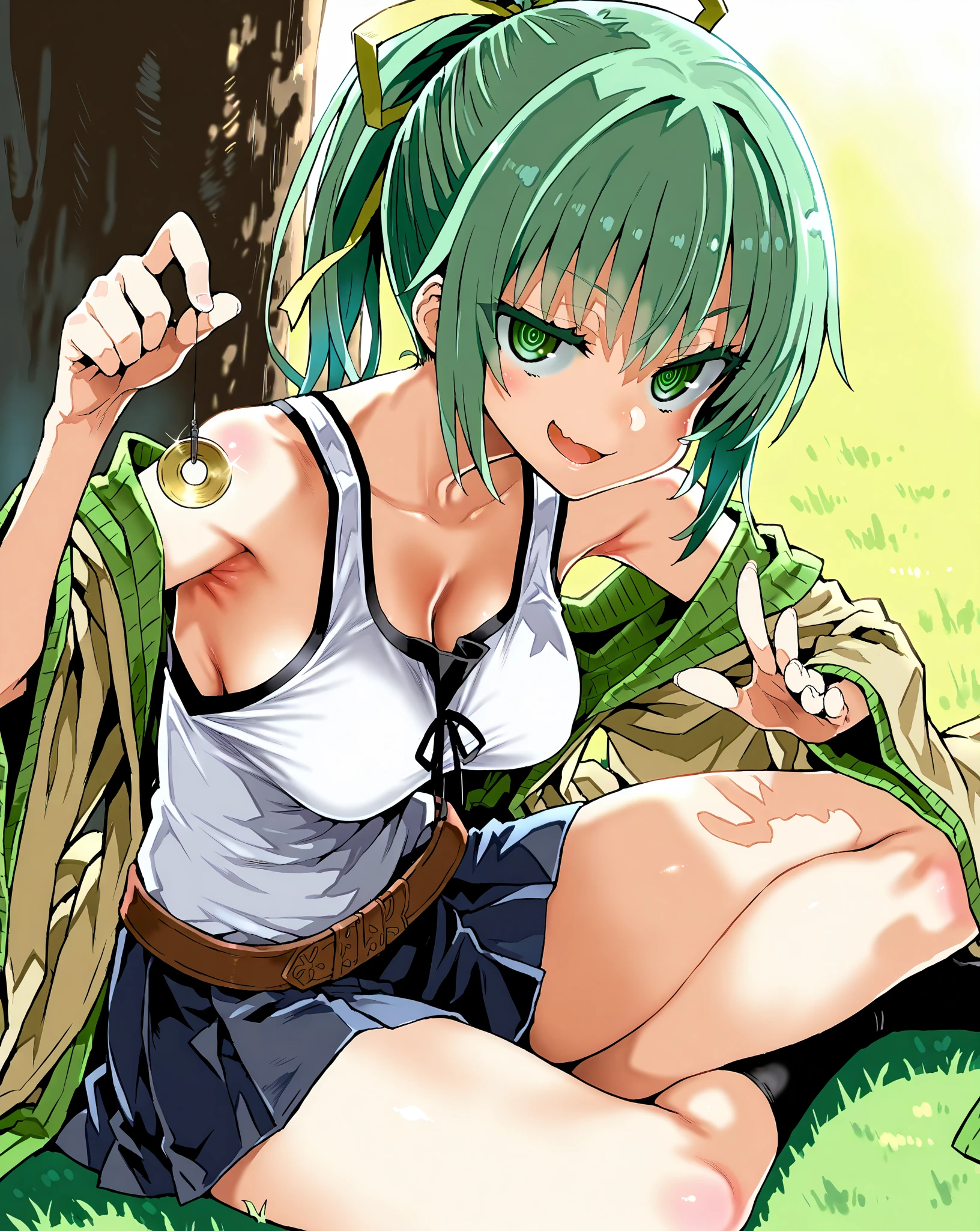 score_9, score_8_up, score_7_up, 1girl,solo, style asanagi, seduce,seductive, beautiful smile, smirk, breasts, medium breasts, under a tree, she is holding a pendulum in one hand \(hypnotist holding a pendulum\), ((holding pendulum)), holding string, perfect hands, one hand up,, bare hands, tank top, short skirt, side view, turning side, armpit focus, open mouth, smirk, looking at viewer, sitting on grass, sitting (indian style), one leg up, masterpiece, high quality, absurd resolution, beautiful hands, ringed eyes, wynn the wind charmer, eyes visible through hair, green eyes, green hair, ponytail, ribbon, hair ribbon,