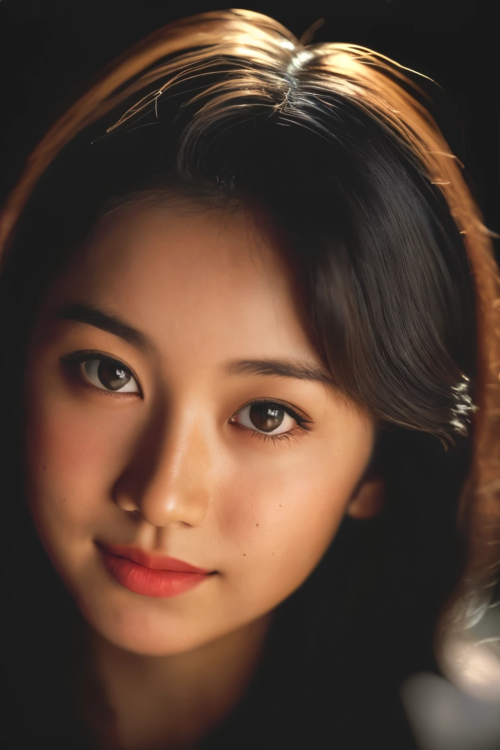 (close-up, Editorial photograph of a 20 year old woman from the 1940s), ( very detailed face:1.4) (smile:0.7) (In a dark background , Sulky, Personal Research :1.3) throw, by Lee Jeffries , Nikon D850 , film stock photos ,400 for 4 kodak ports ,Camera f1.6 Lenses ,Wide range of colors , surreal , vibrant texture, Dramatic lighting , Cinestill 800,