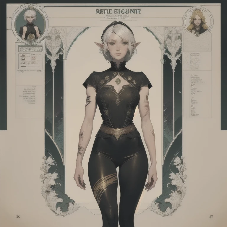 1 ,  role-playing character,  a ,  Better quality, RPG style,  conceptual art, character sheet, Beautiful Drow girl, Black Elf,  medieval black tunic,  black leggings pants ,  white hair,  roll of paper , parchment, , scars, piercings, thin and tall, score_9, score_8_above, score_7_above