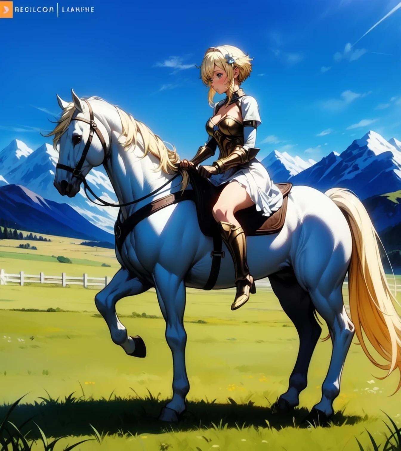 ((best quality)), ((anime masterpiece)), (high detailed), 8k, cinematic lighting, perfect face, perfect hand, riding, horse, (((a young woman wearing in adventurer clothes watching a blue sky while riding on a WHITE HORSE)), ([lumineSDXL, blonde hair, pixie cut, sidelocks, hair ornament, cleavage, medium breast]), (white dress, breastplate, cleavage, gauntlet, bare legs, greaves, )), BREAK, ([white horse, saddle, reins, bridle, standing]), solo, (on the grassland, mountainside, fantasy settings:1), both hand holding rein, from side: 1, anatomically correct