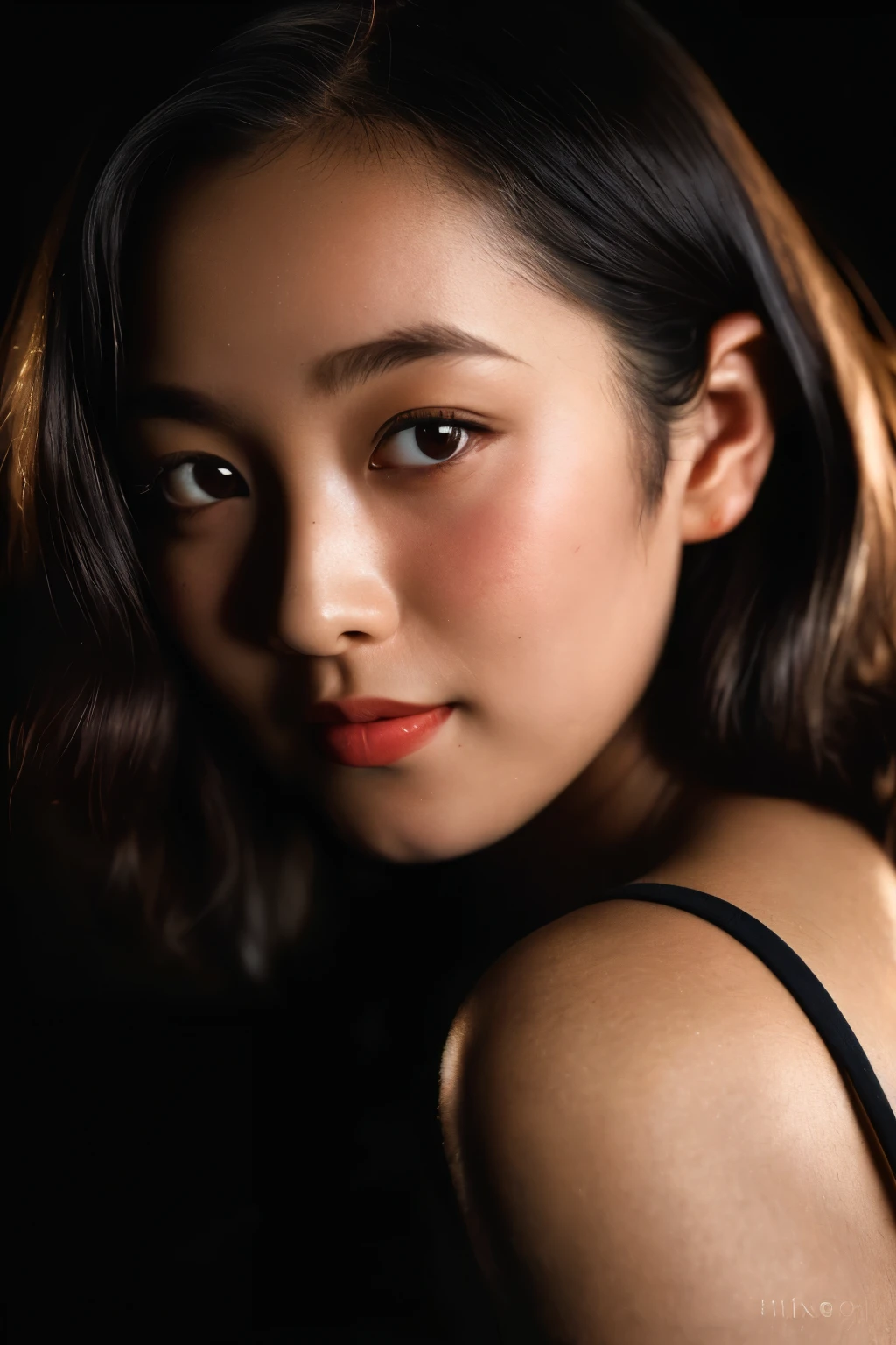 (close-up, Editorial photograph of a 20 year old woman from the 1940s), ( very detailed face:1.4) (smile:0.7) (In a dark background , Sulky, Personal Research :1.3) throw, by Lee Jeffries , Nikon D850 , film stock photos ,400 for 4 kodak ports ,Camera f1.6 Lenses ,Wide range of colors , surreal , vibrant texture, Dramatic lighting , Cinestill 800,