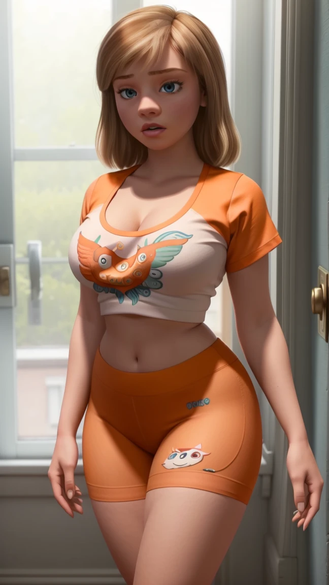 women, ((masterpiece, Best Quality)), full body view, bursting very giant breasts, slim, very fat legs, Wide hips, detailed skin, Riley Andersen  as a hooters girl, mermaids white and orange tight clothing, Bermuda, fitted crop top,  Very detailed, cinematic lighting, ultra realistic, blush, looking at the viewer, Riley Andersen from the movie Inside Out 