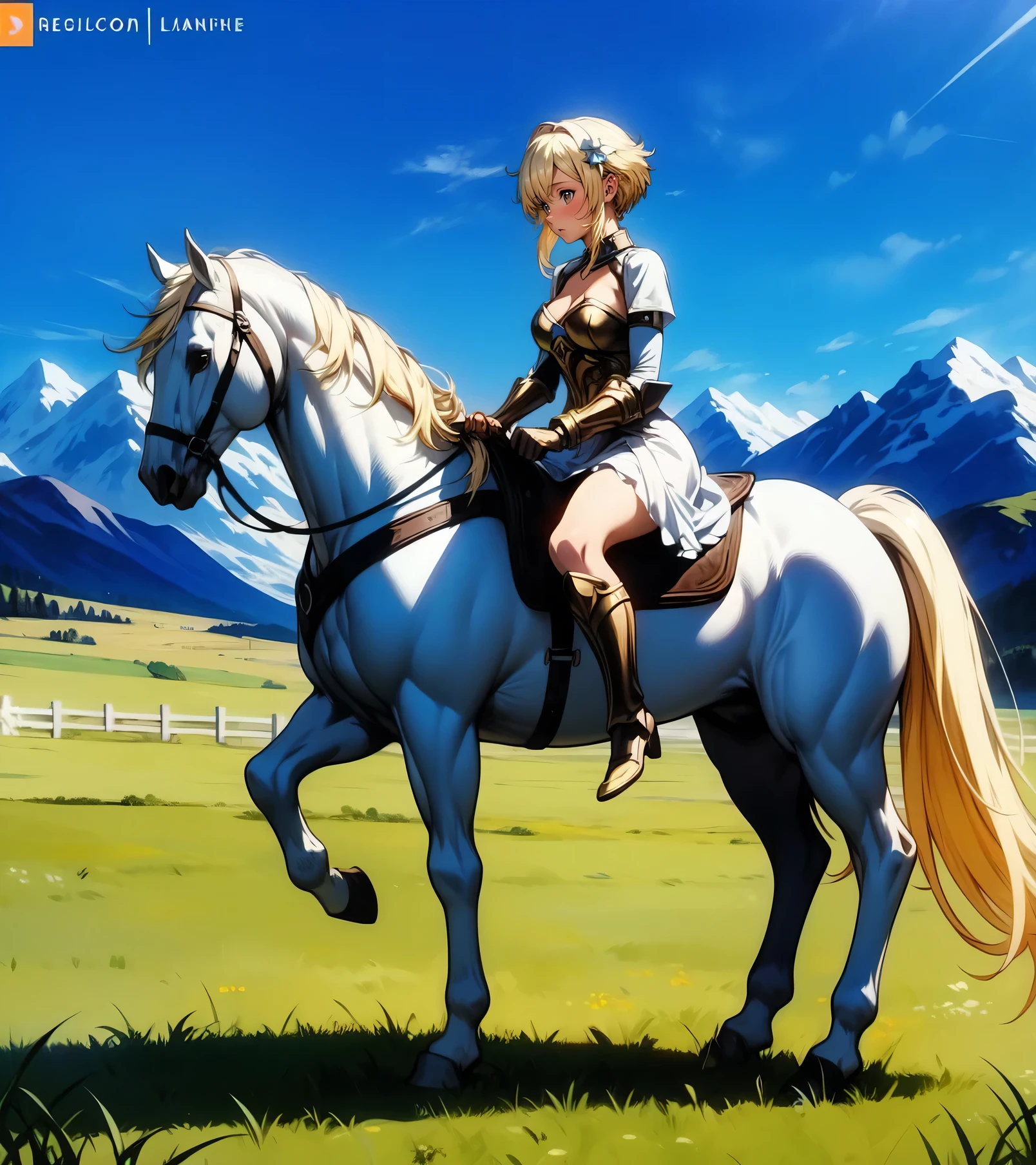 ((best quality)), ((anime masterpiece)), (high detailed), 8k, cinematic lighting, perfect face, perfect hand, riding, horse, (((a young woman wearing in adventurer clothes watching a blue sky while riding on a WHITE HORSE)), ([lumineSDXL, blonde hair, pixie cut, sidelocks, hair ornament, cleavage, medium breast]), (white dress, breastplate, cleavage, gauntlet, bare legs, greaves, )), BREAK, ([white horse, saddle, reins, bridle, standing]), solo, (on the grassland, mountainside, fantasy settings:1), both hand holding rein, from side: 1, anatomically correct